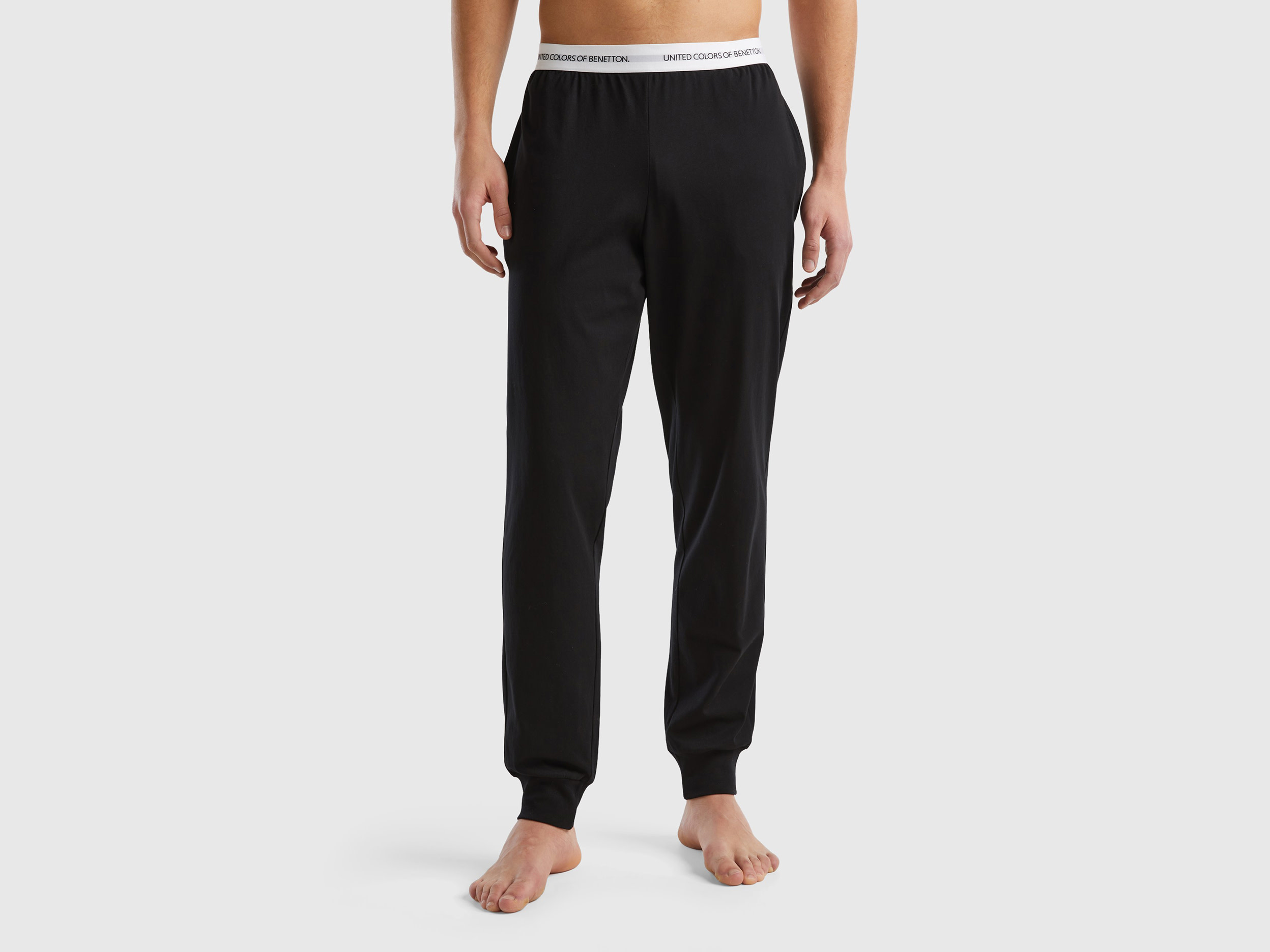 Benetton, Pantaloni Con Elastico Logato, Nero, Uomo