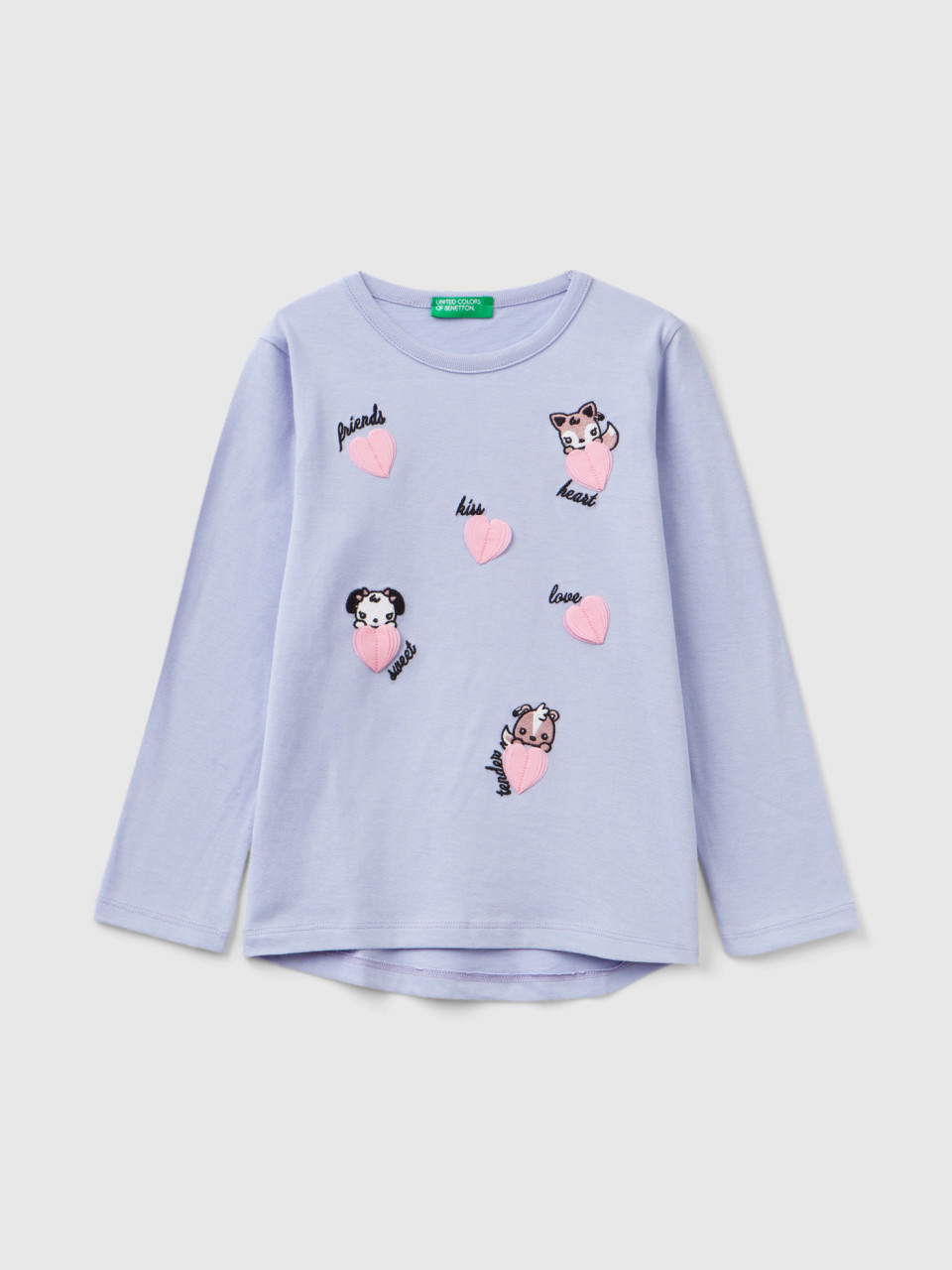 Benetton, T-shirt With Embroidery And Appliques, Lilac, Kids