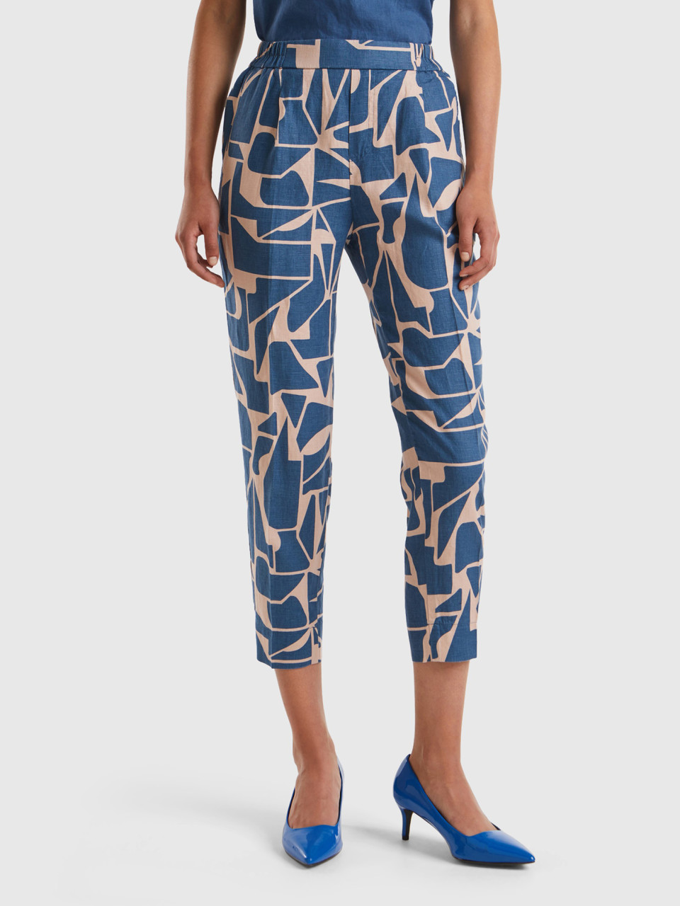 Benetton, Printed Linen Trousers, Air Force Blue, Women