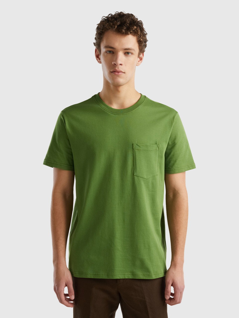 Benetton, T-shirt 100% Cotone Con Taschino, Verde Militare, Uomo