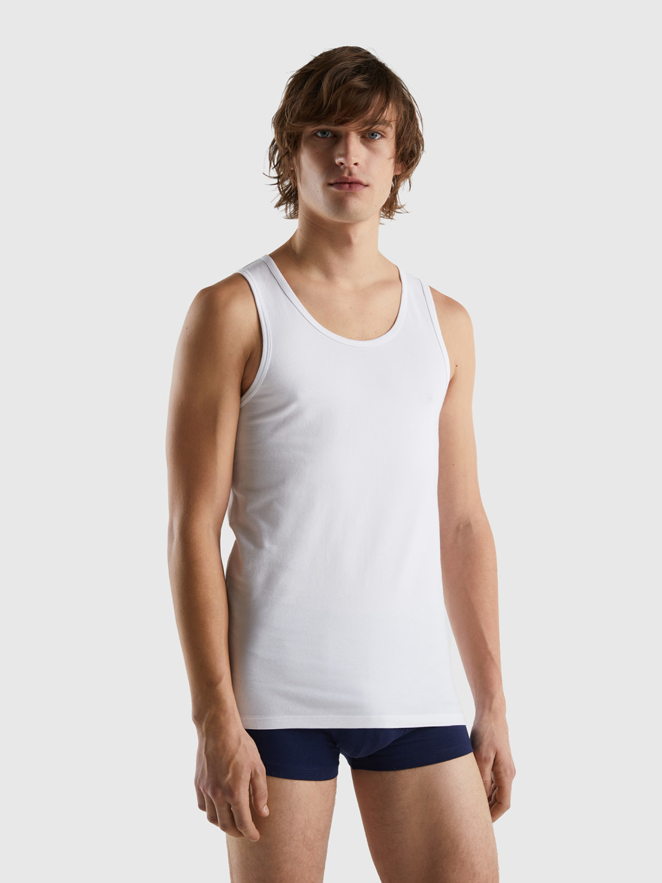Benetton, T-shirt Sem Mangas Em Algodão Orgânico Stretch, Branco, Homem