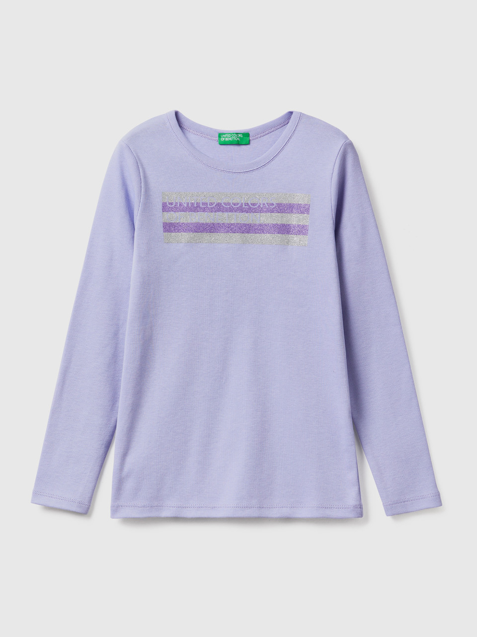 Benetton, Long Sleeve T-shirt With Glitter Print, Lilac, Kids
