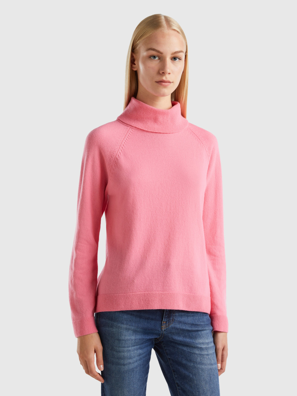Benetton, Pink Turtleneck In Wool And Cashmere Blend, Pink, Women
