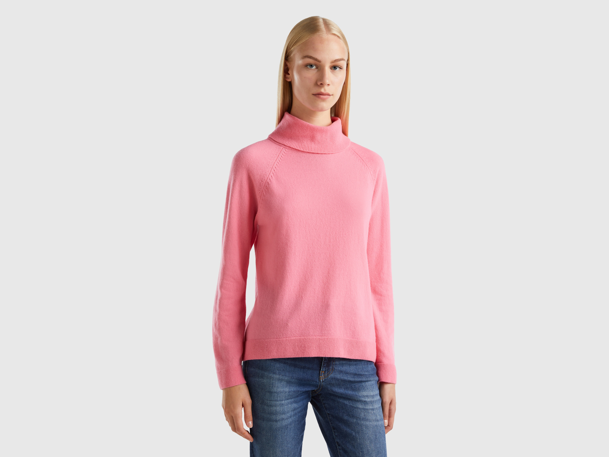 Benetton, Pink Turtleneck In Wool And Cashmere Blend, size XL, Pink, Women