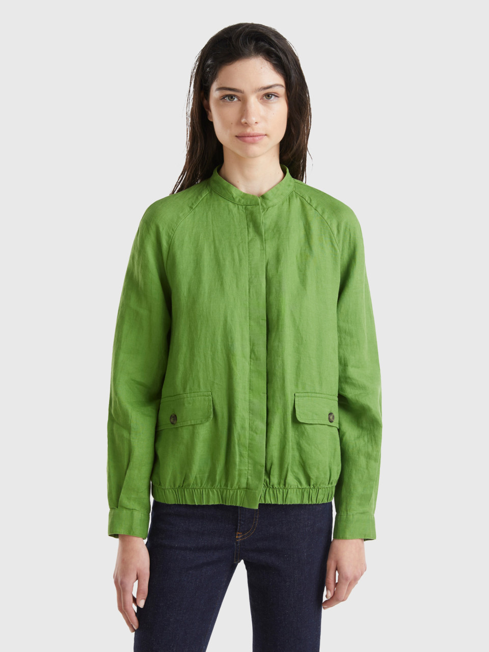 Benetton, Pure Linen Bomber, Military Green, Women