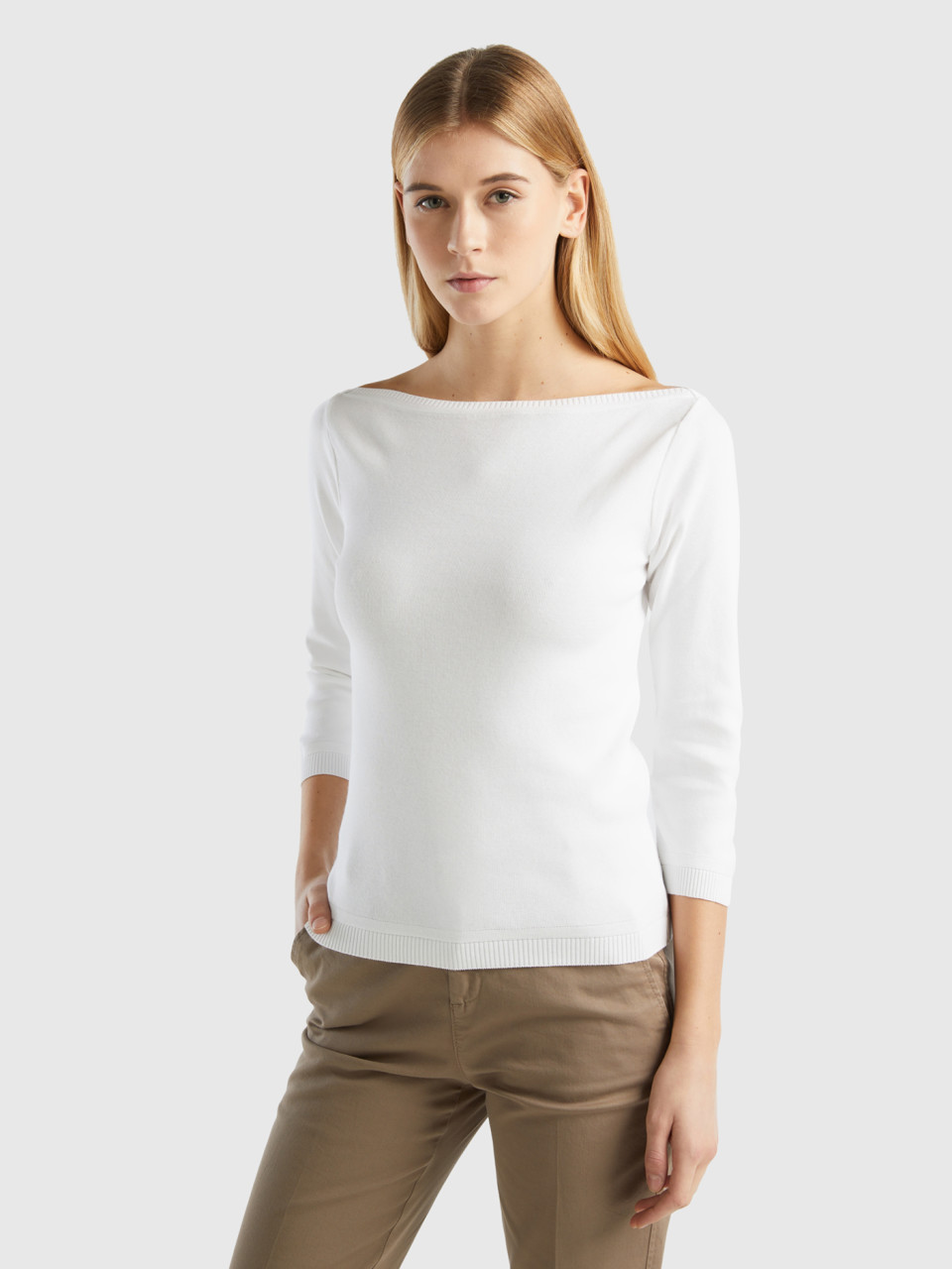 Benetton Online exclusive, 100% Cotton Boat Neck Sweater, White, Women