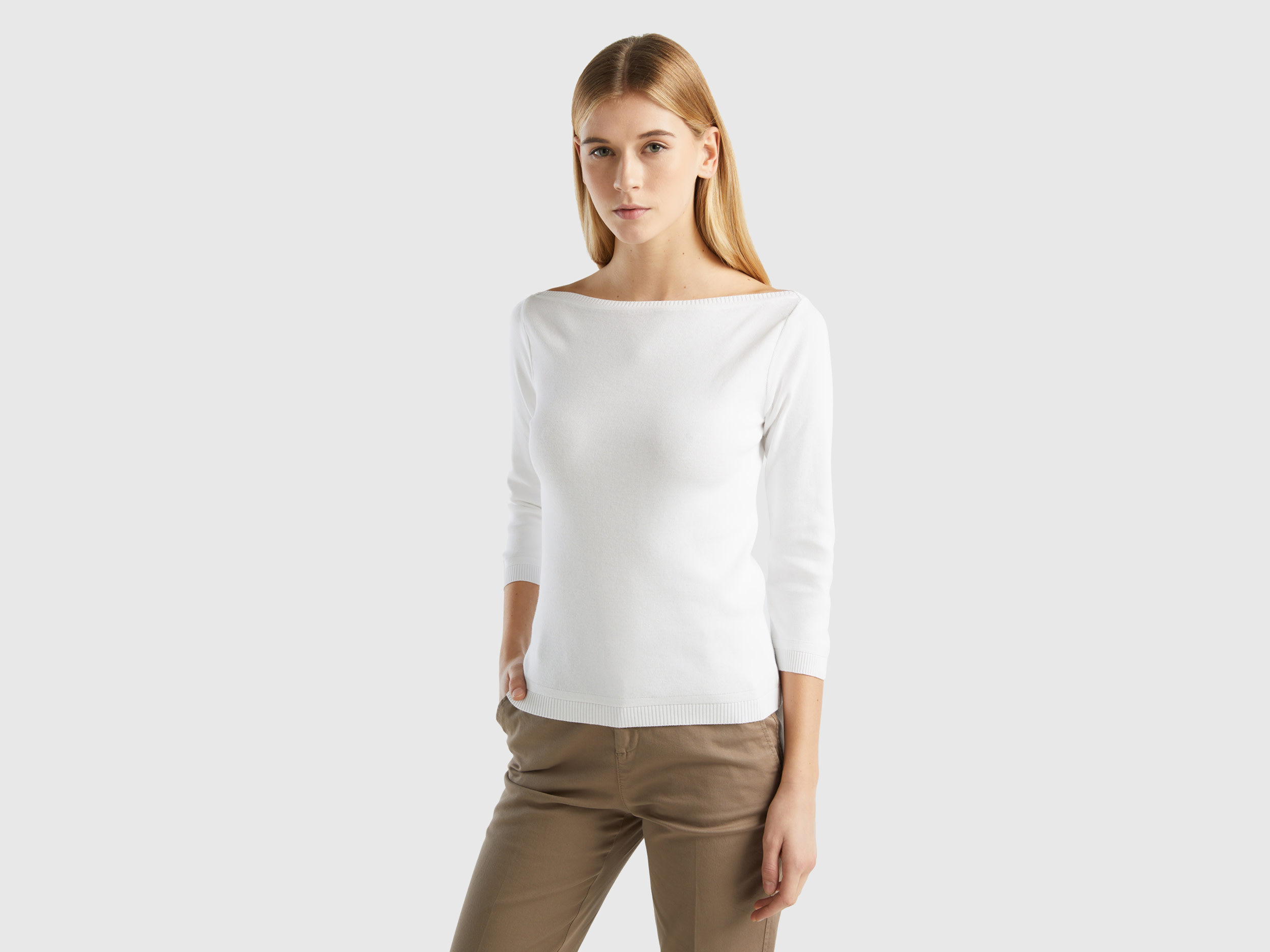 Benetton Online exclusive, 100% Cotton Boat Neck Sweater, size L, White, Women