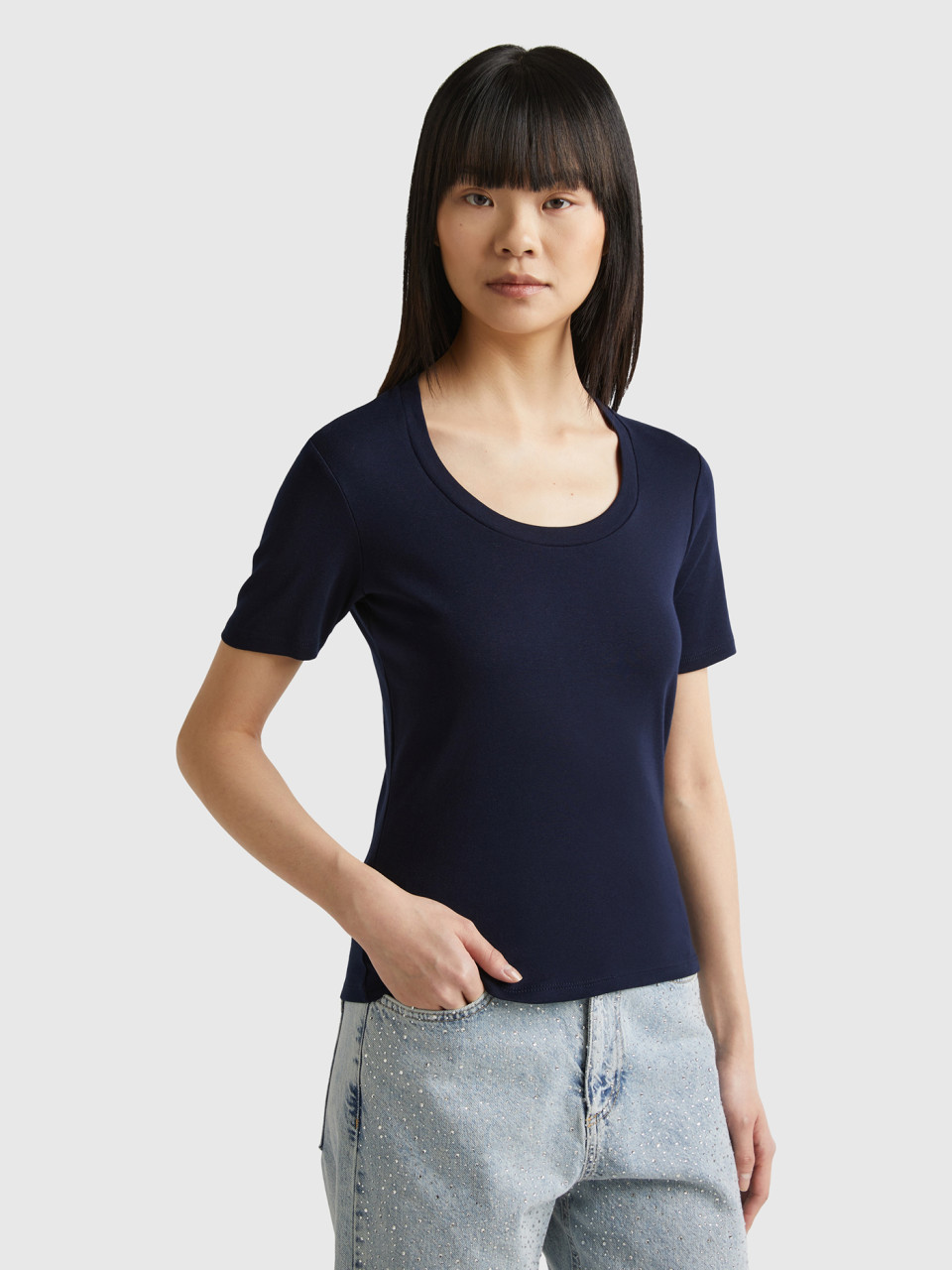 Benetton, Short Sleeve T-shirt In Long Fiber Cotton, Dark Blue, Women