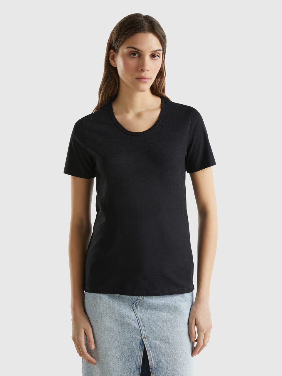 Benetton, Kurzärmeliges T-shirt Aus Leichter Baumwolle, Schwarz, female