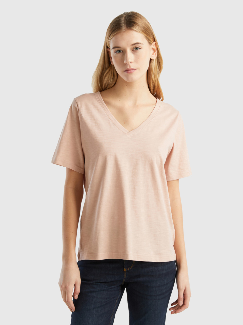 Benetton, V-neck T-shirt In Slub Cotton, Soft Pink, Women