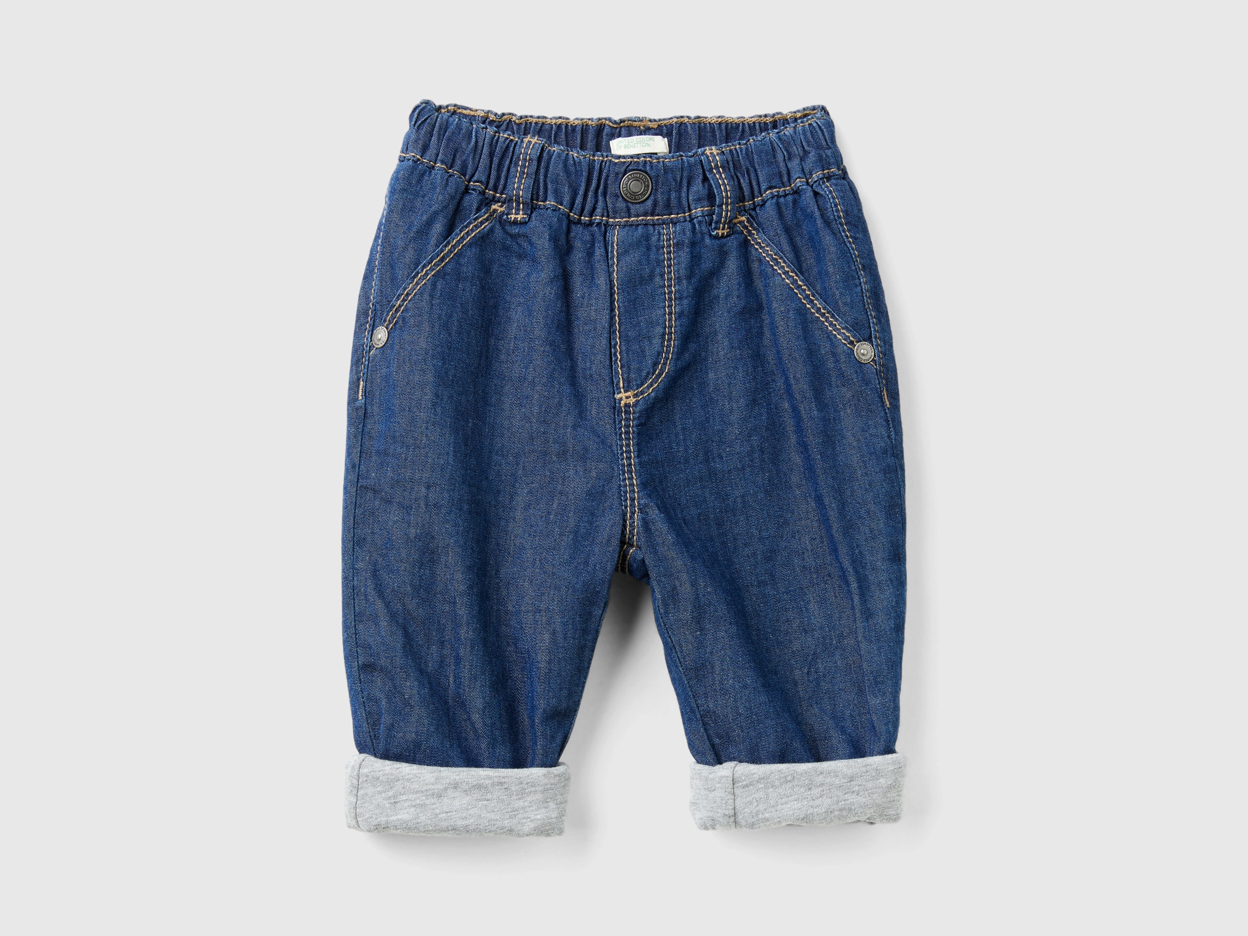 Benetton, Pantaloni In Chambray, Blu, Bambini