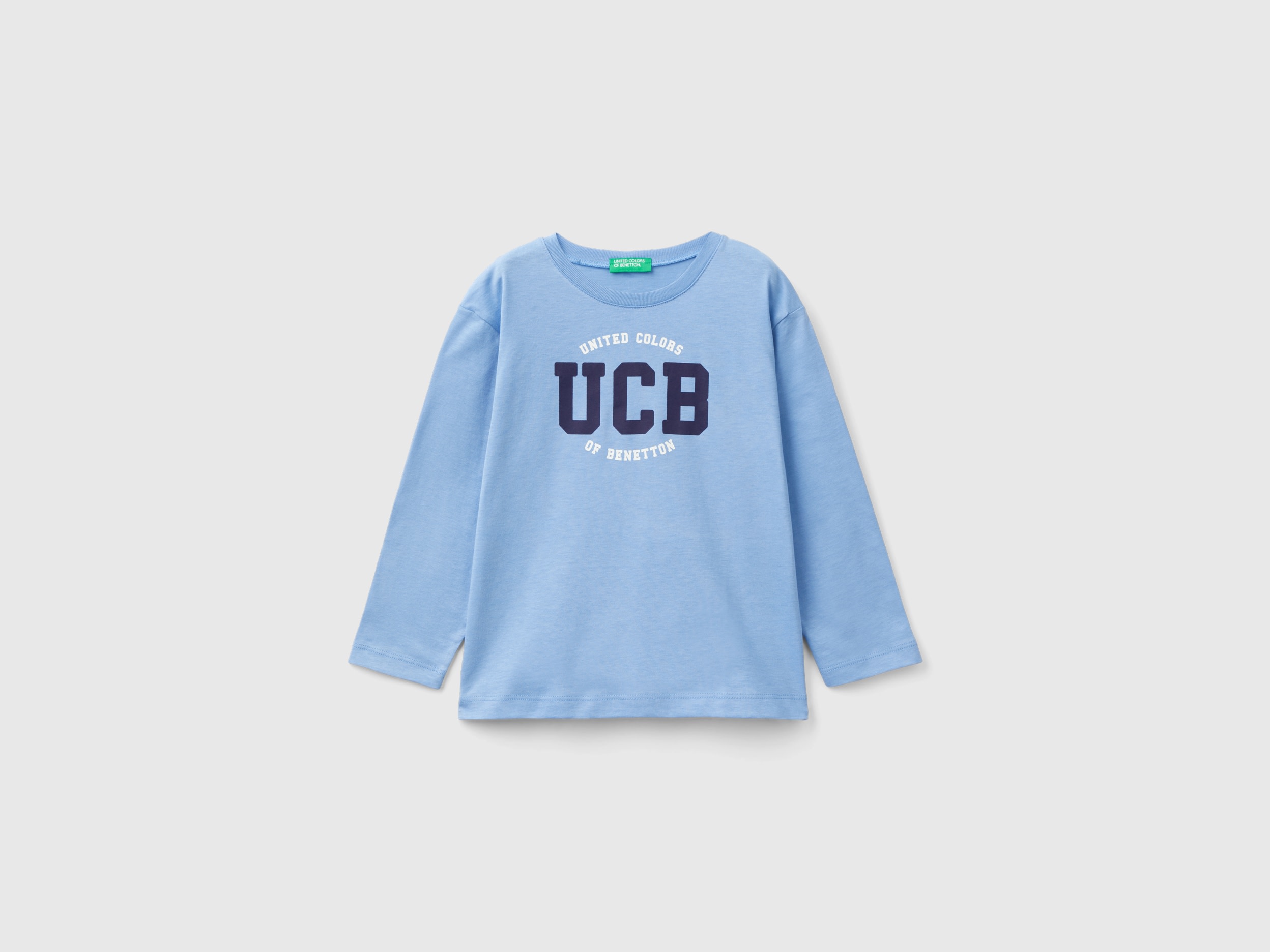 Benetton, T-shirt Manica Lunga In Cotone Bio, Azzurro, Bambini
