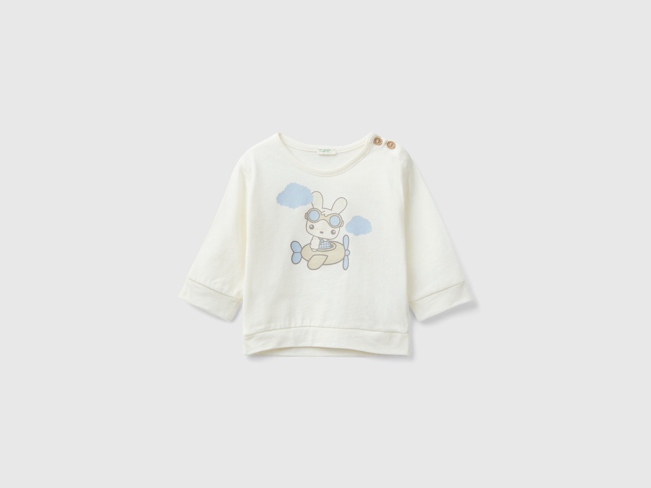 Benetton, Warm T-shirt With Bunny Print, size 1-3, Creamy White, Kids