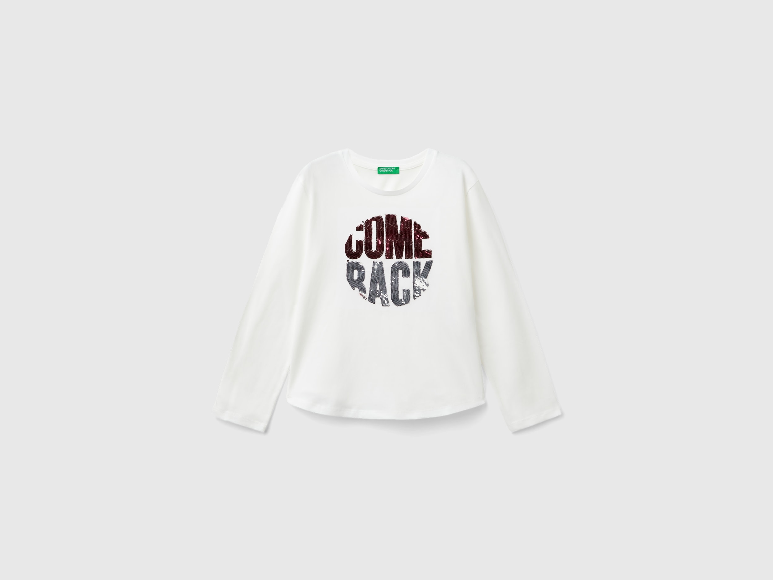 Benetton, Maglietta Con Paillettes In Cotone Bio, Bianco Panna, Bambini