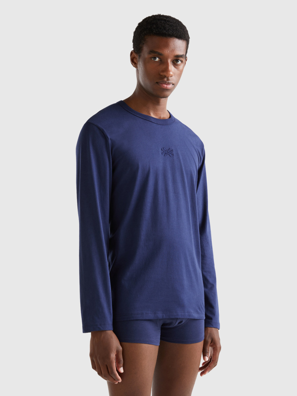 Benetton, T-shirt Logo En Coton Longues Fibres, Bleu Foncé, Homme