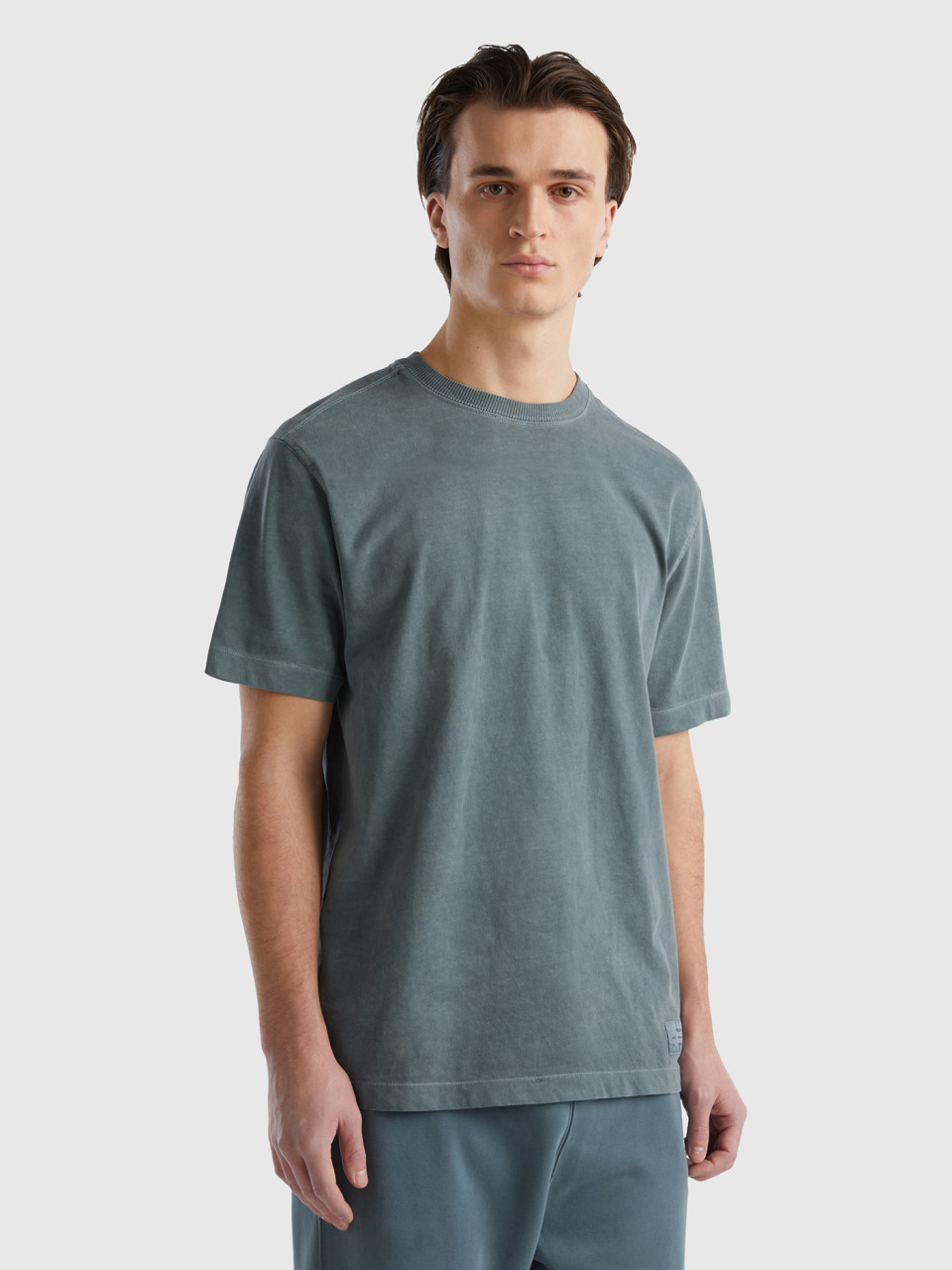 Benetton, T-shirt À Col Rond En 100 % Coton Bio, Gris Foncé, Homme