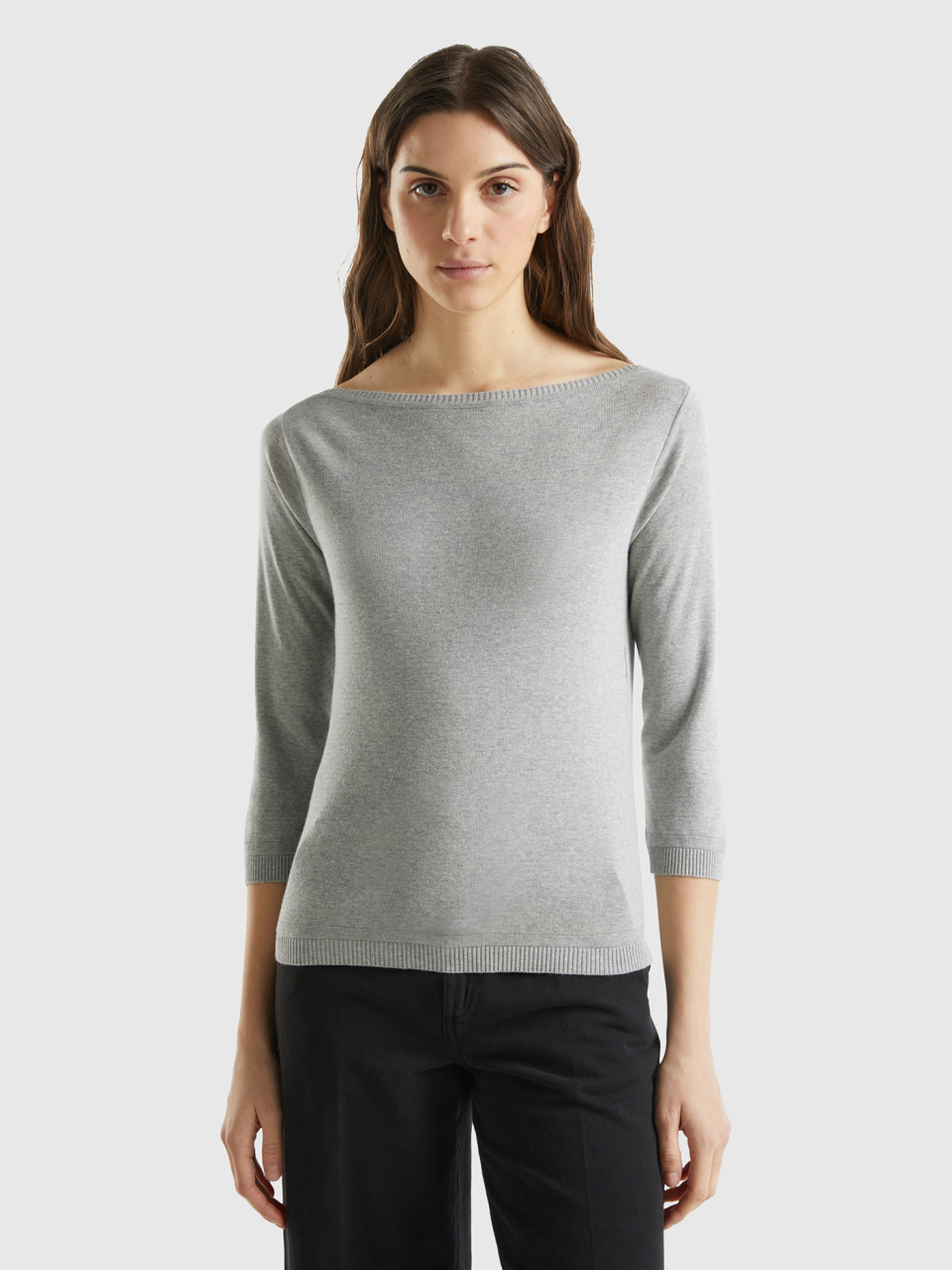 Benetton Online exclusive, 100% Cotton Boat Neck Sweater, Light Gray, Women
