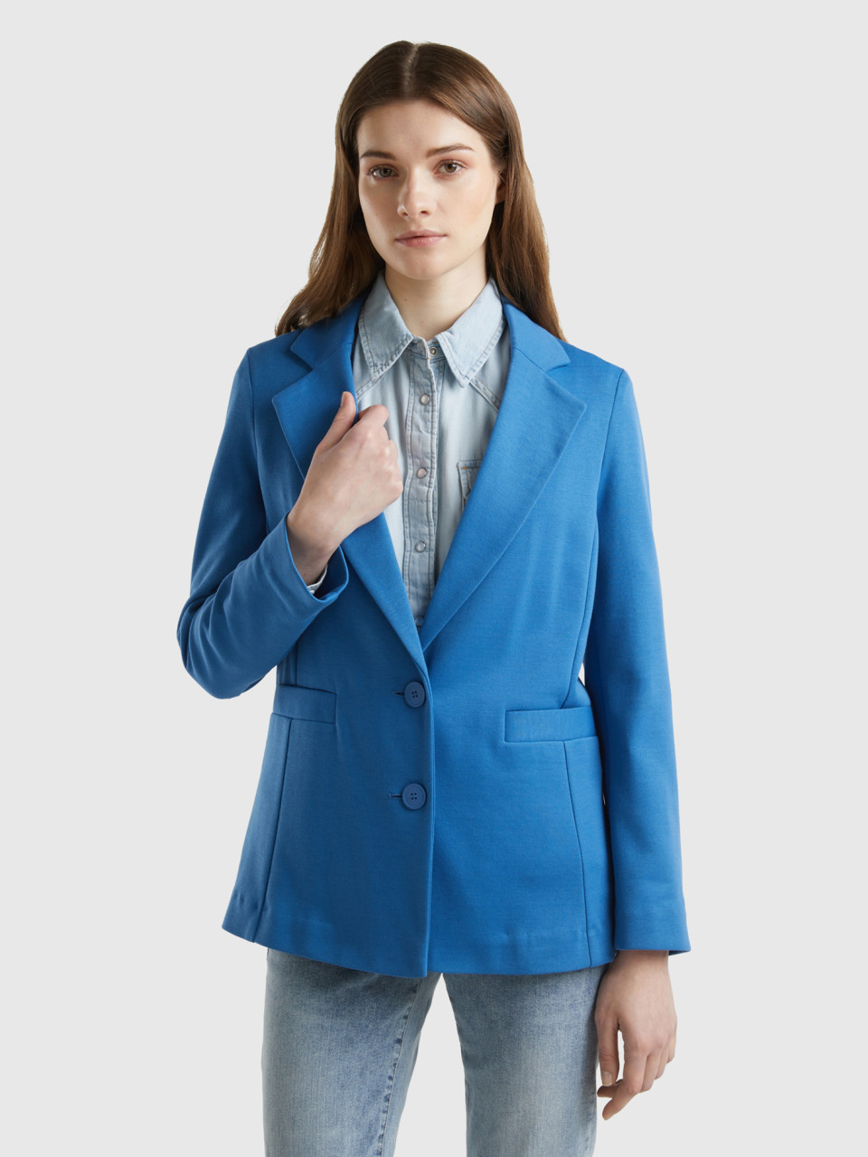 Benetton, Fitted Blazer In Cotton Blend, Blue, Women