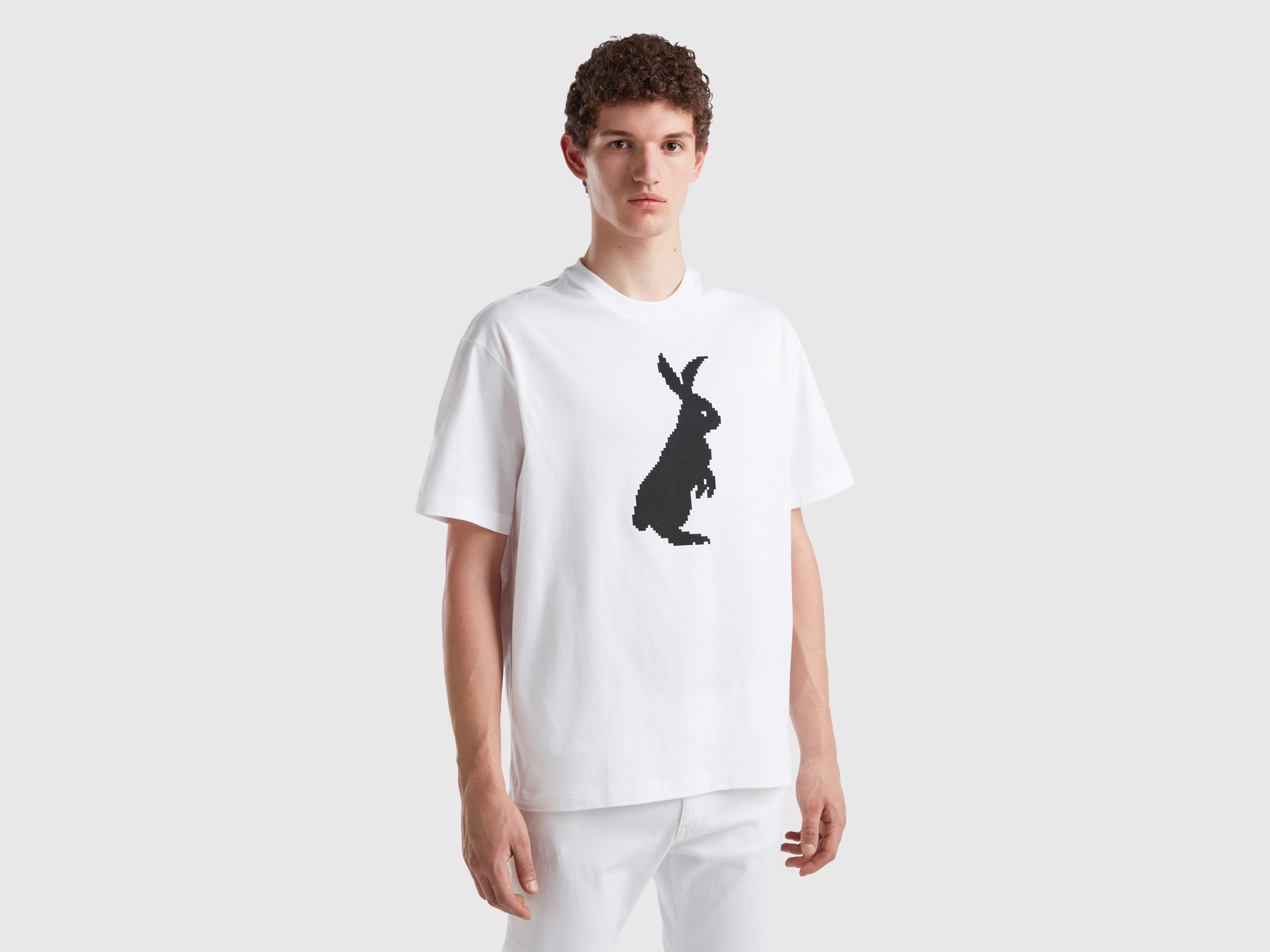 Benetton, White T-shirt With Bunny Print, size S, White, Men