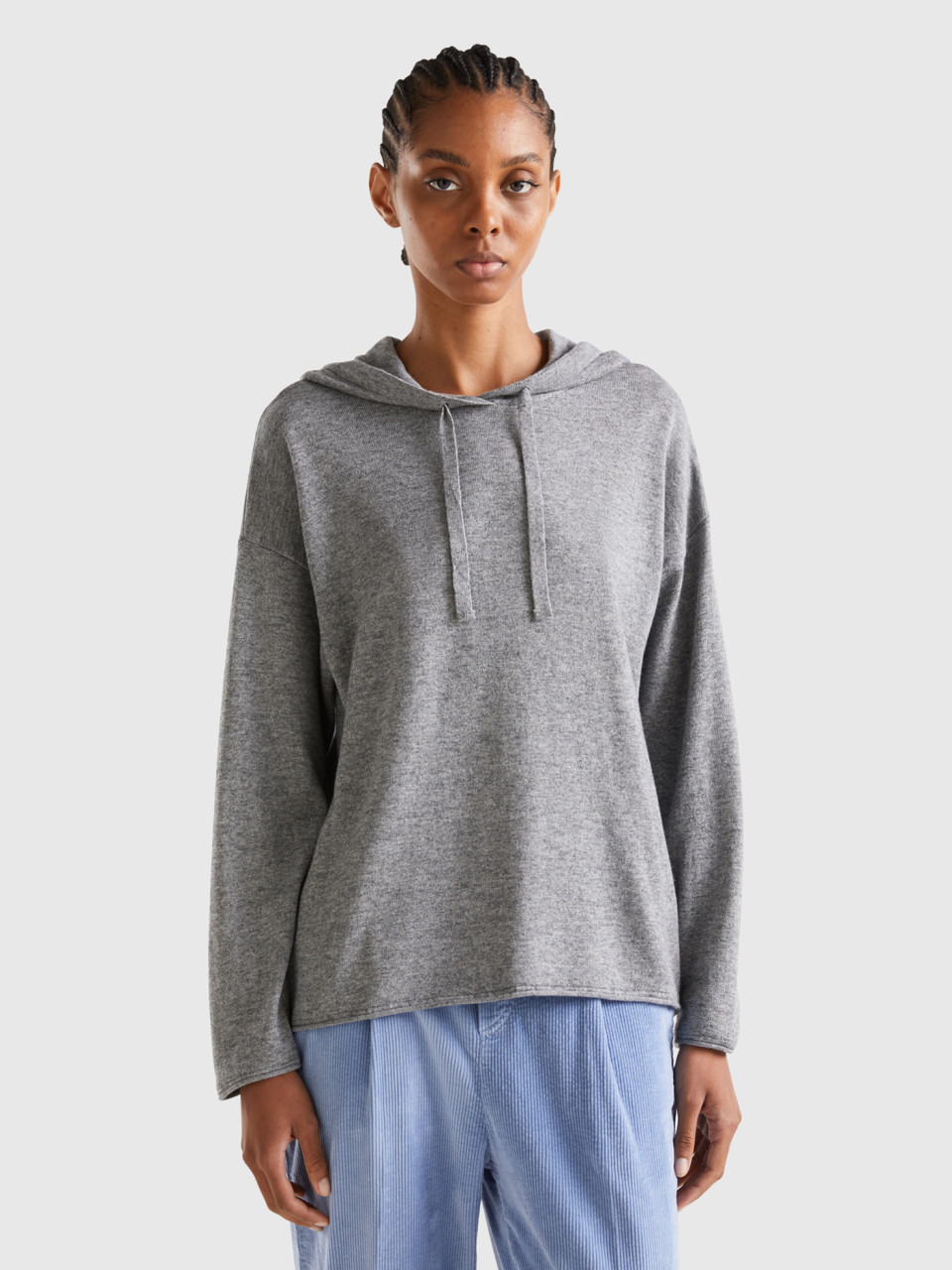 Benetton, Light Gray Cashmere Blend Sweater With Hood, Light Gray, Women