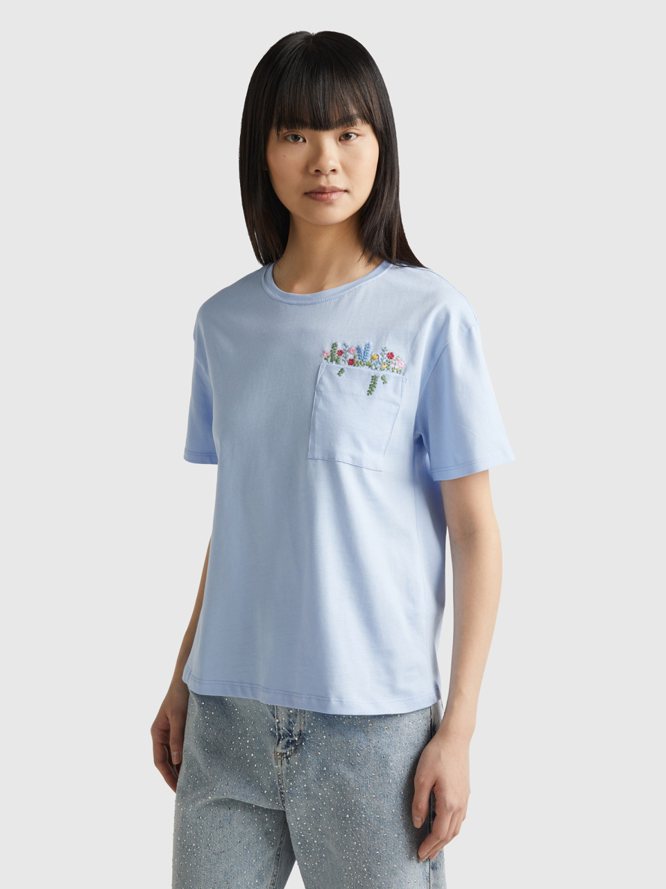 Benetton, T-shirt With Pocket And Embroidery, Sky Blue, Women