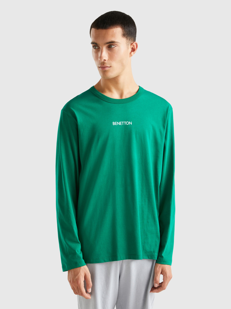 Benetton, Haut 100 % Coton À Manches Longues, Vert, Homme