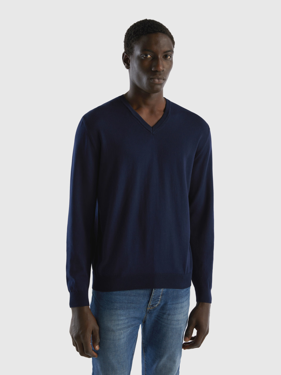 Benetton, V-neck Sweater In Pure Cotton, Dark Blue, Men