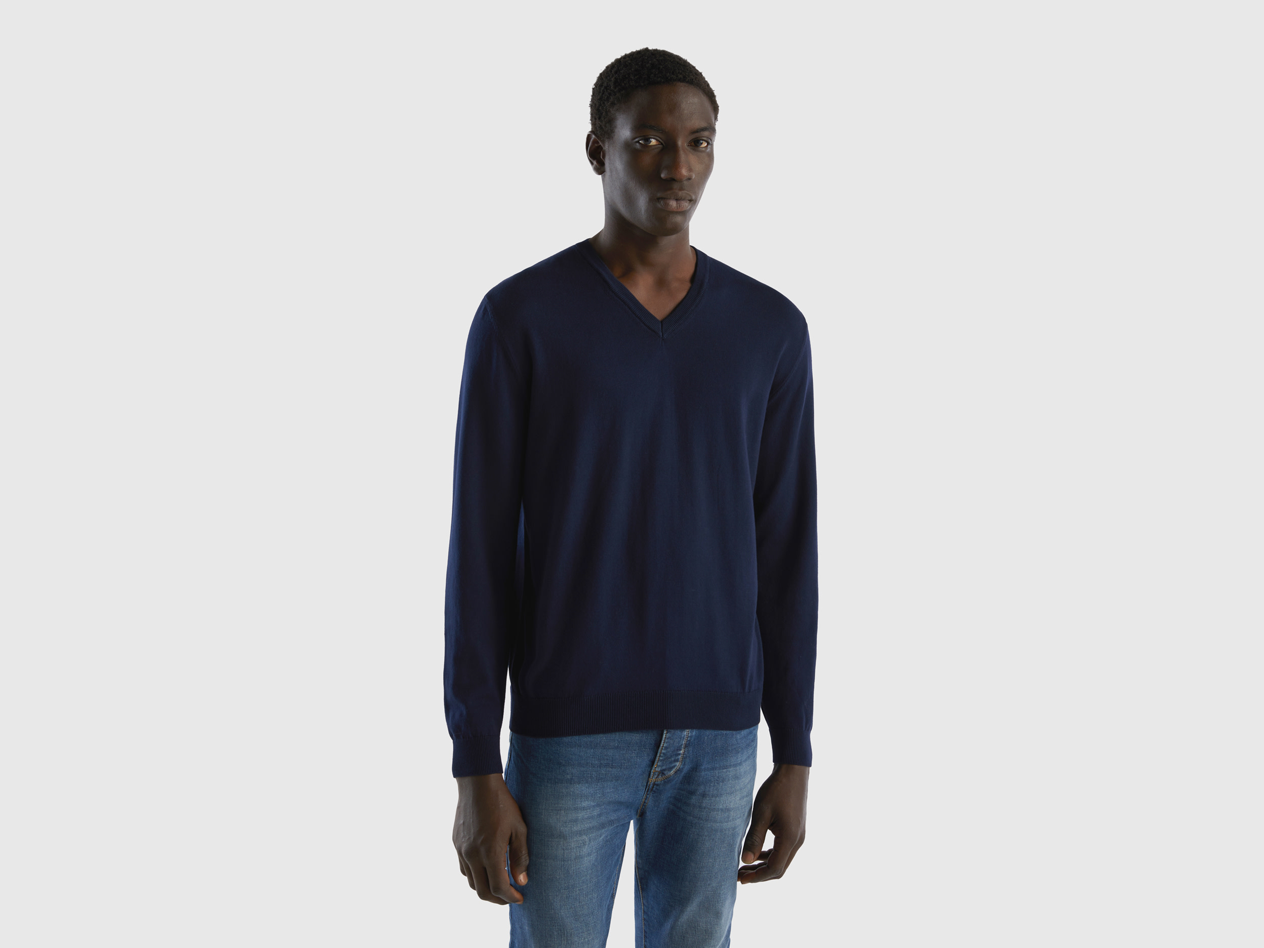 Benetton, V-neck Sweater In Pure Cotton, size M, Dark Blue, Men