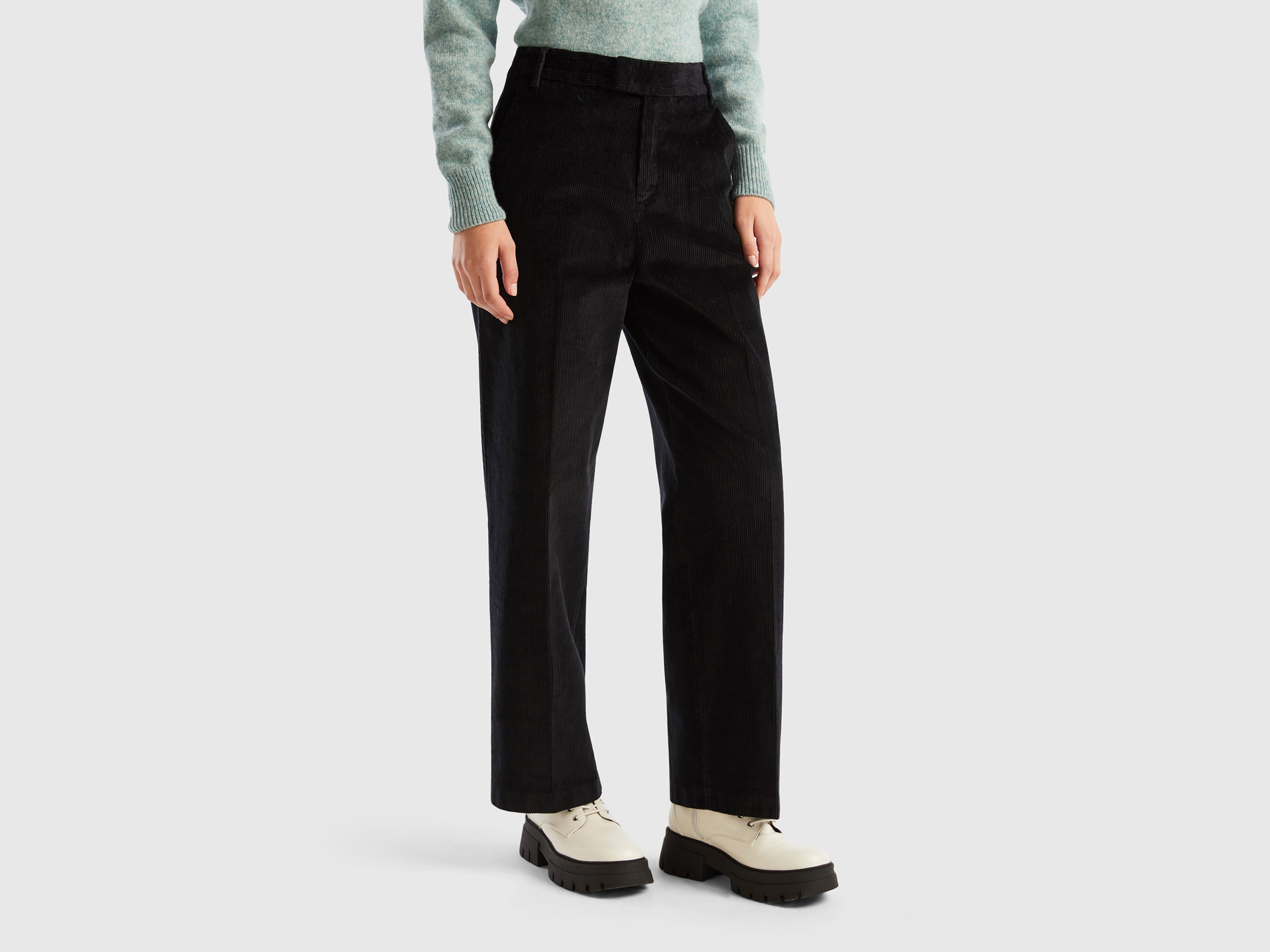 Benetton, Straight Corduroy Trousers, size 16, Black, Women