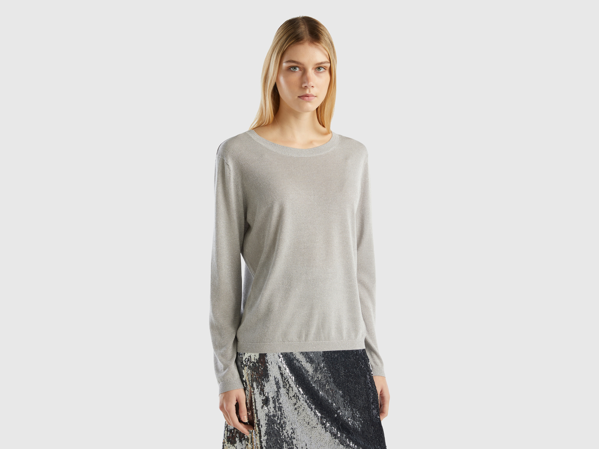 Benetton, Viscose Blend Sweater With Lurex, size L, Light Gray, Women