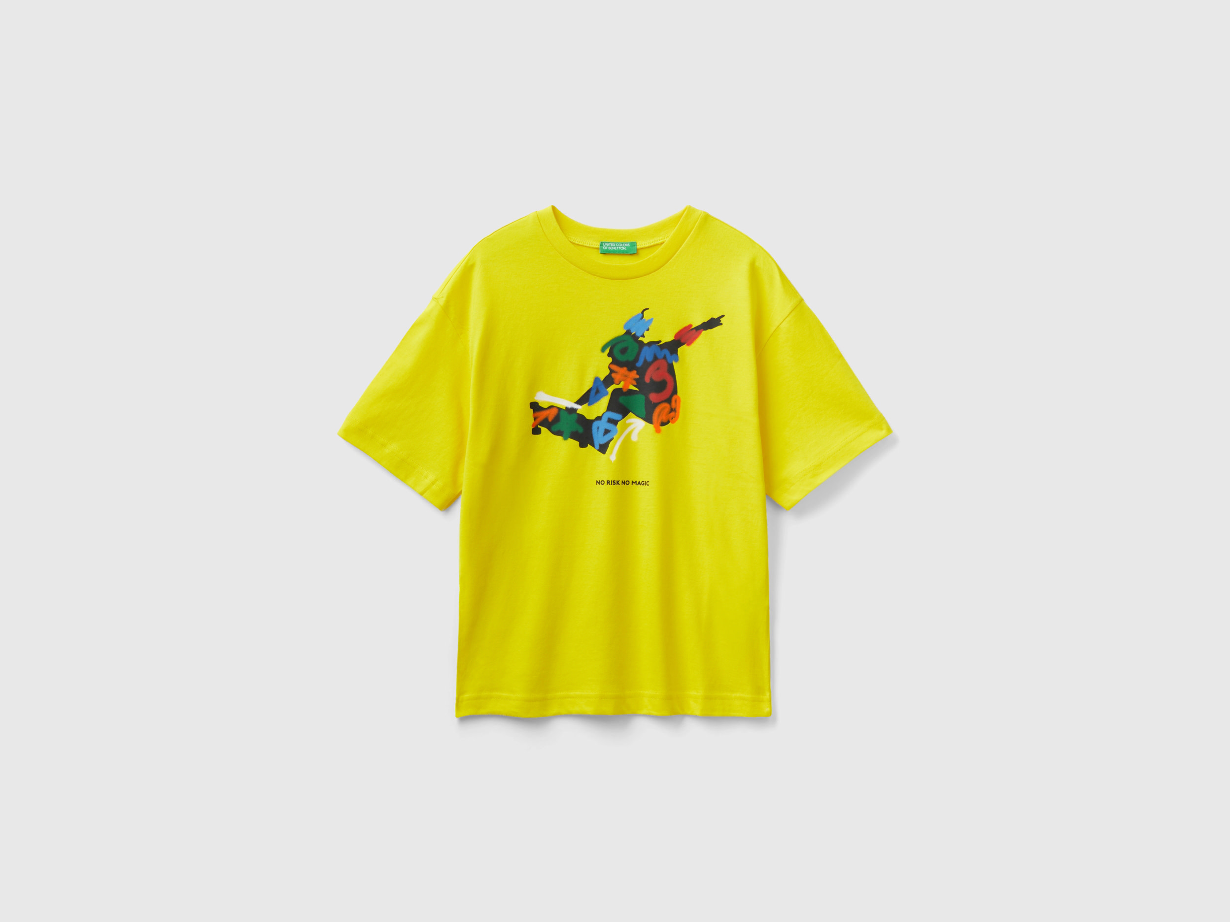 Benetton, Crew Neck T-shirt With Print, size 2XL, Yellow, Kids