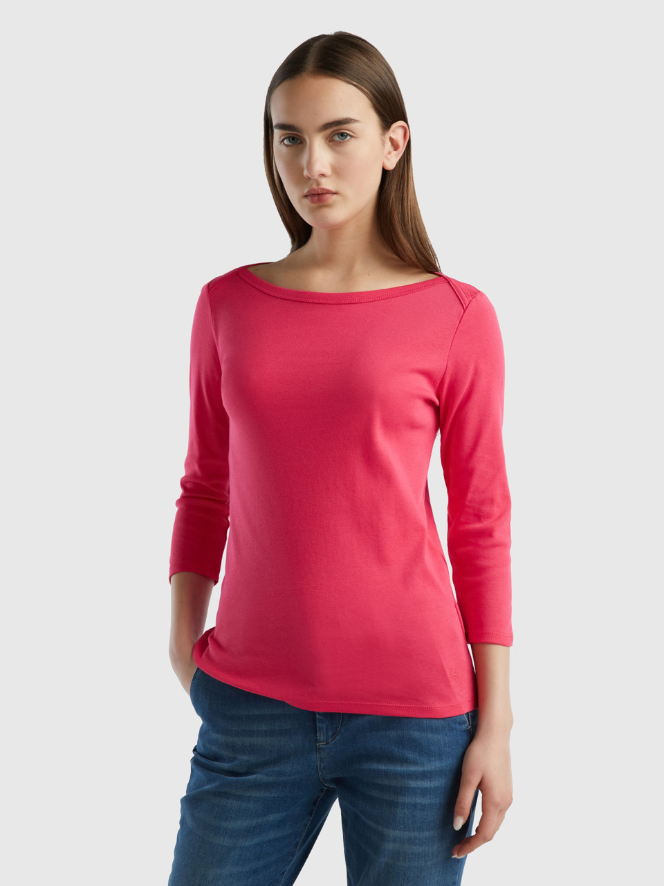 Benetton, T-shirt With Boat Neck In 100% Cotton, Fuchsia, Women