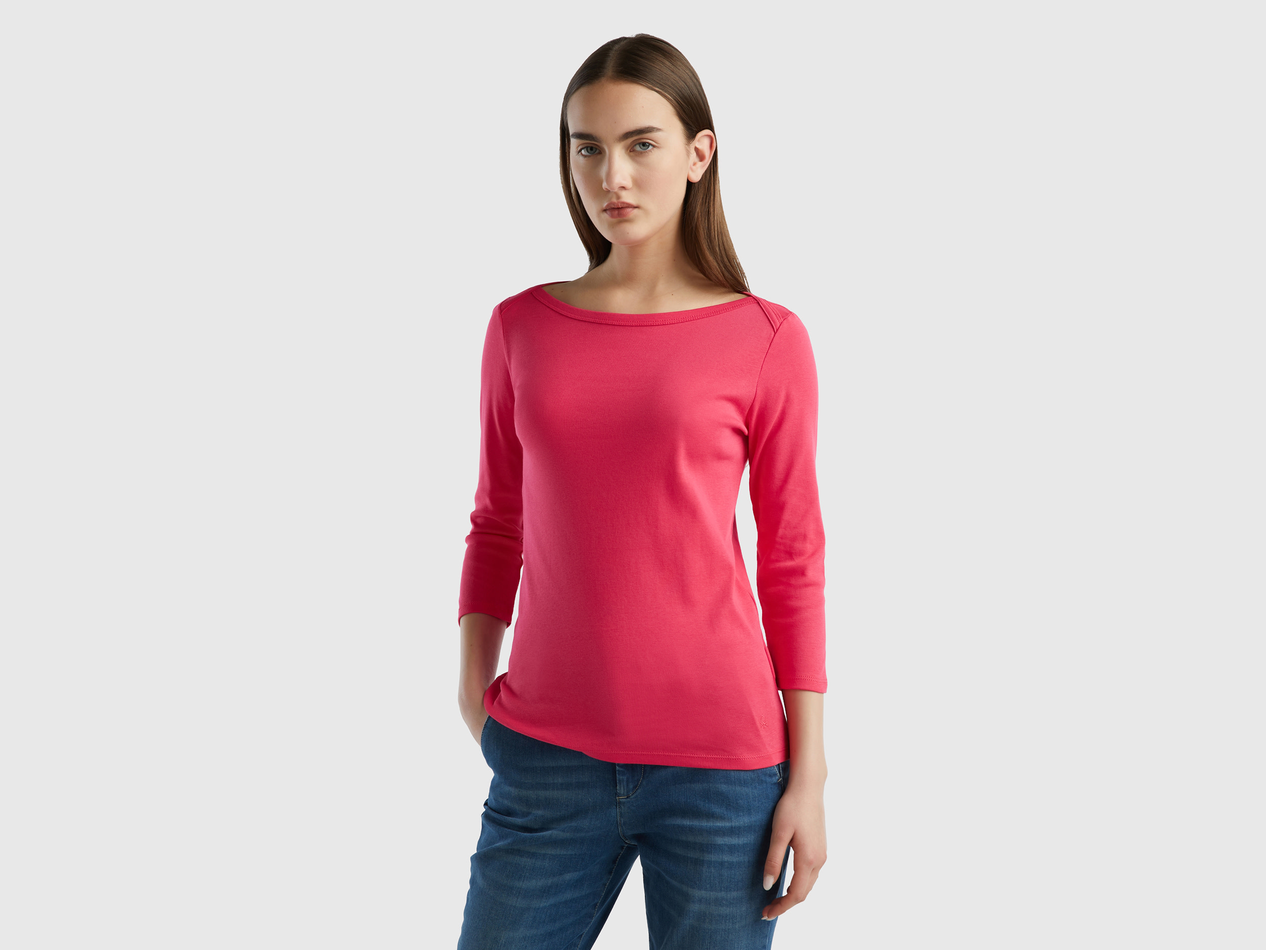 Benetton, T-shirt With Boat Neck In 100% Cotton, size XL, Fuchsia, Women