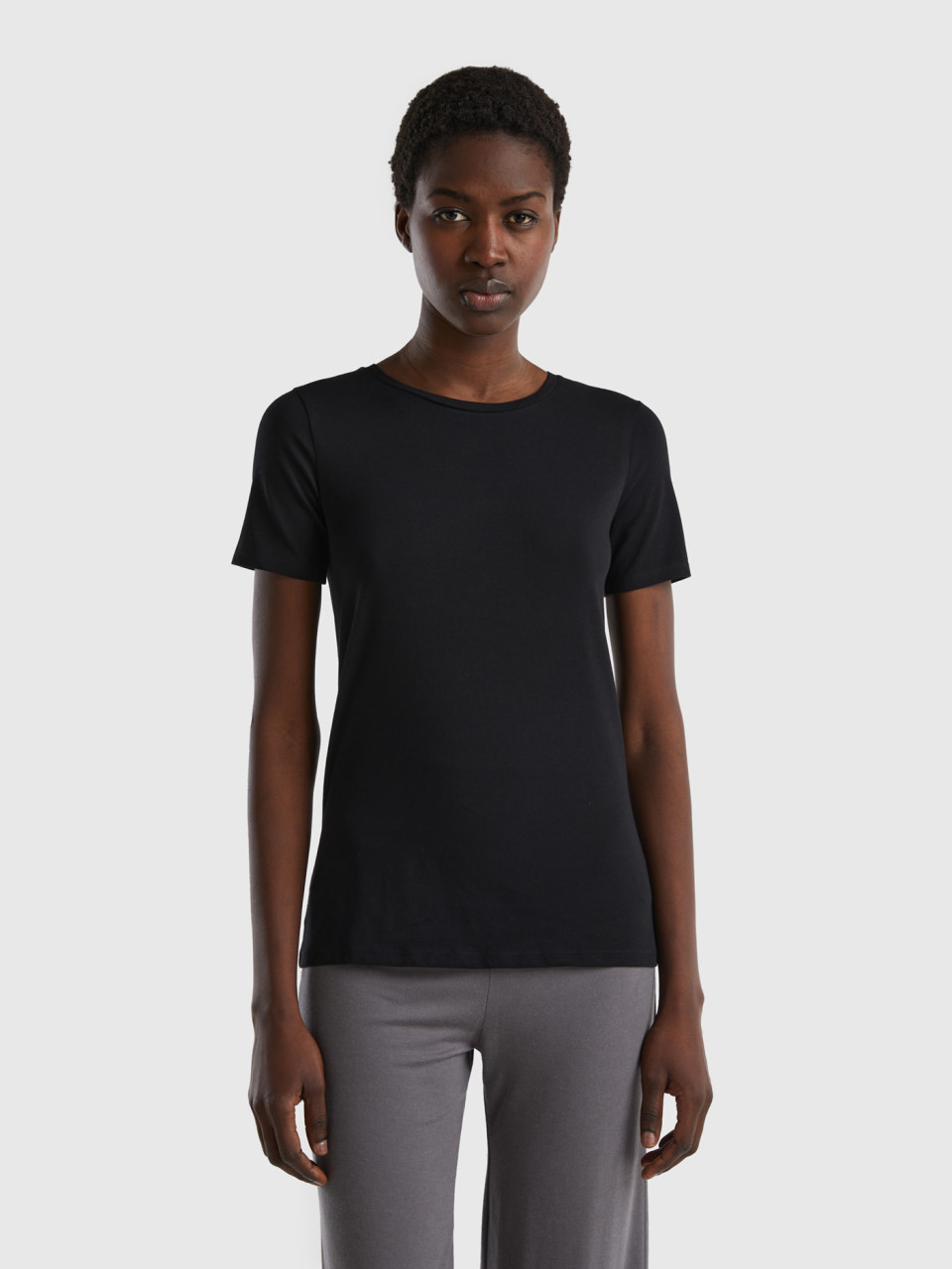 Benetton, Camiseta De Algodón Orgánico Super Stretch, Negro, Mujer