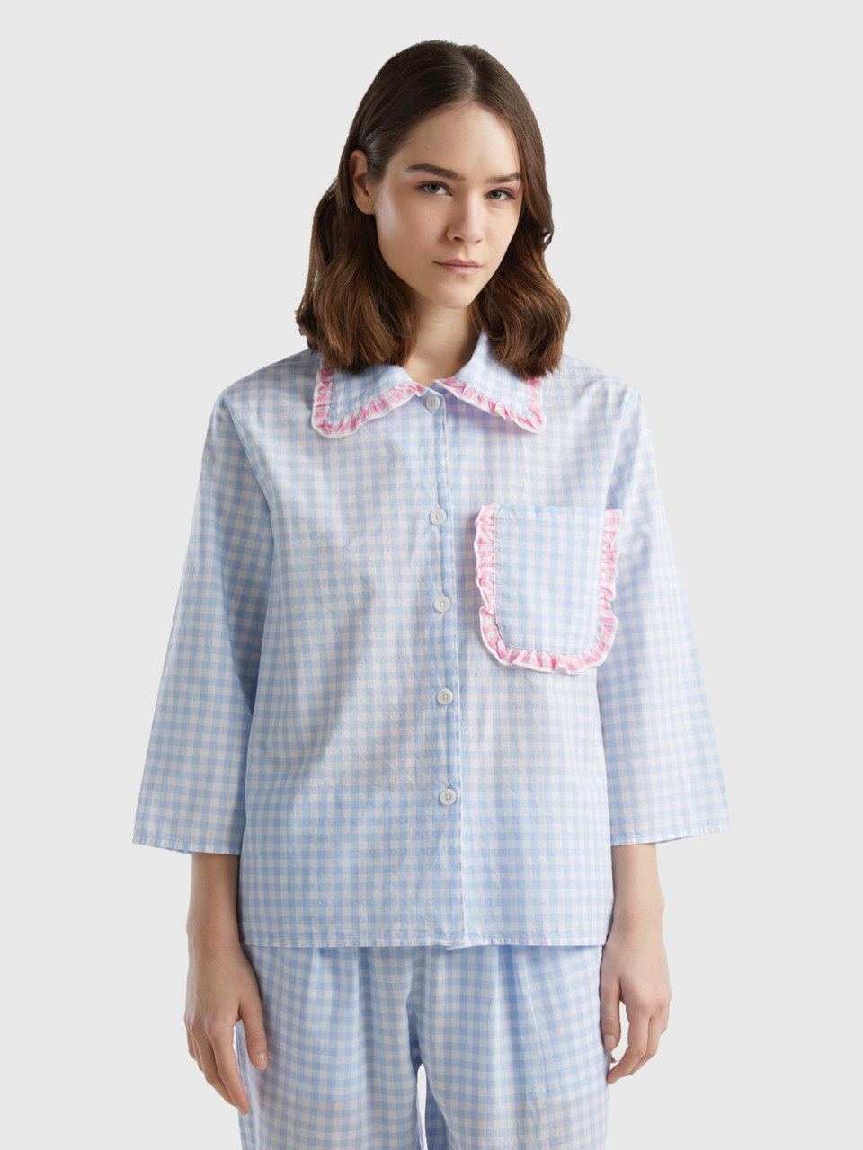 Benetton, Pyjama-jacke In Vichy-karo, Blassblau, female