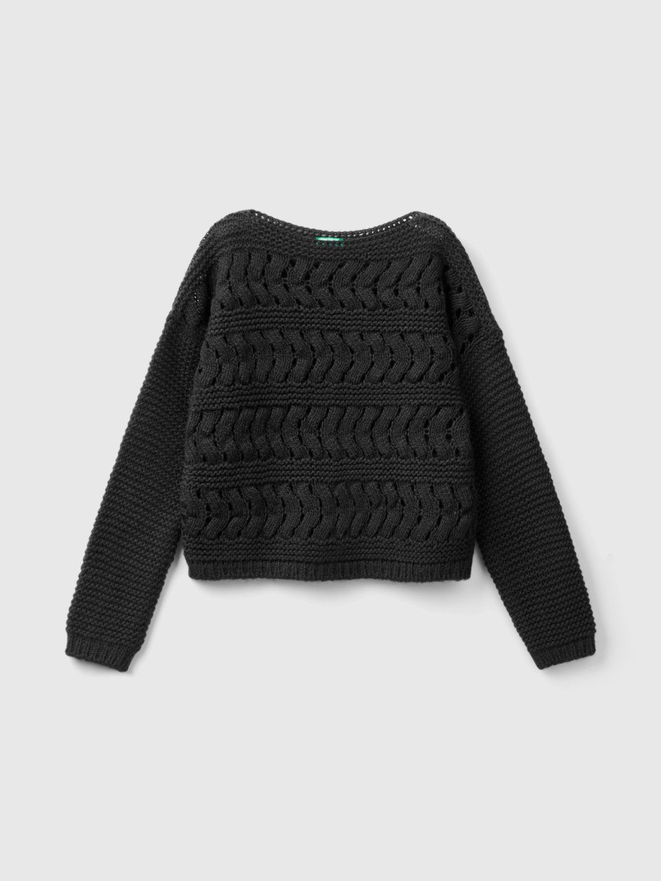 Benetton, Cable Knit Sweater In Wool Blend, Black, Kids