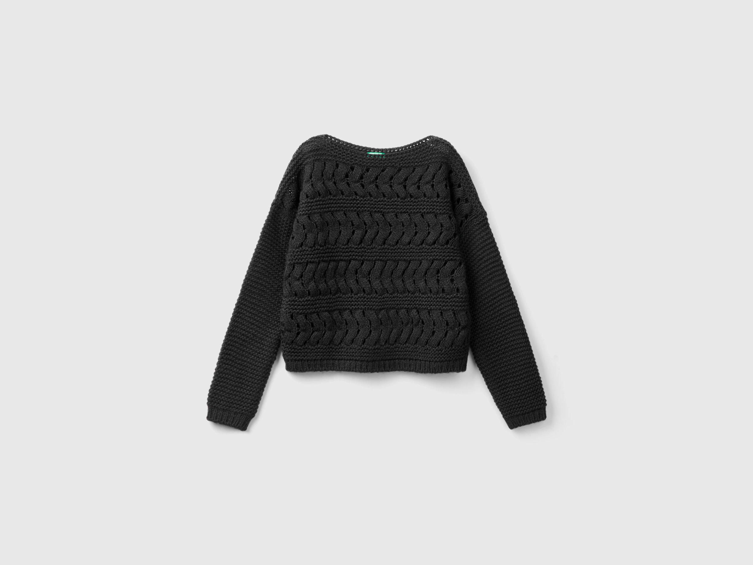 Benetton, Cable Knit Sweater In Wool Blend, size S, Black, Kids