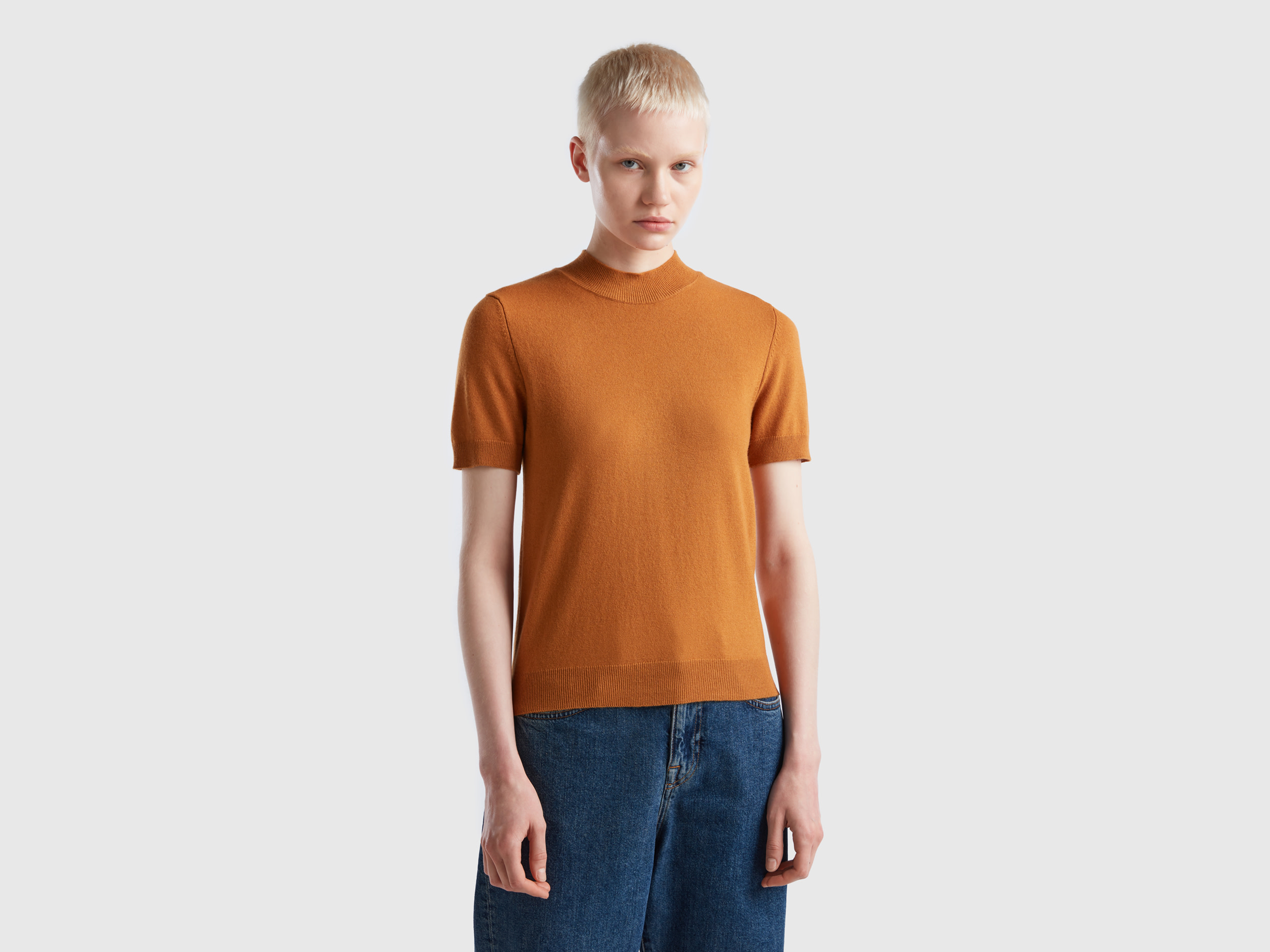 Benetton, Tobacco Short Sleeve Sweater In Cashmere Blend, size M, , Women