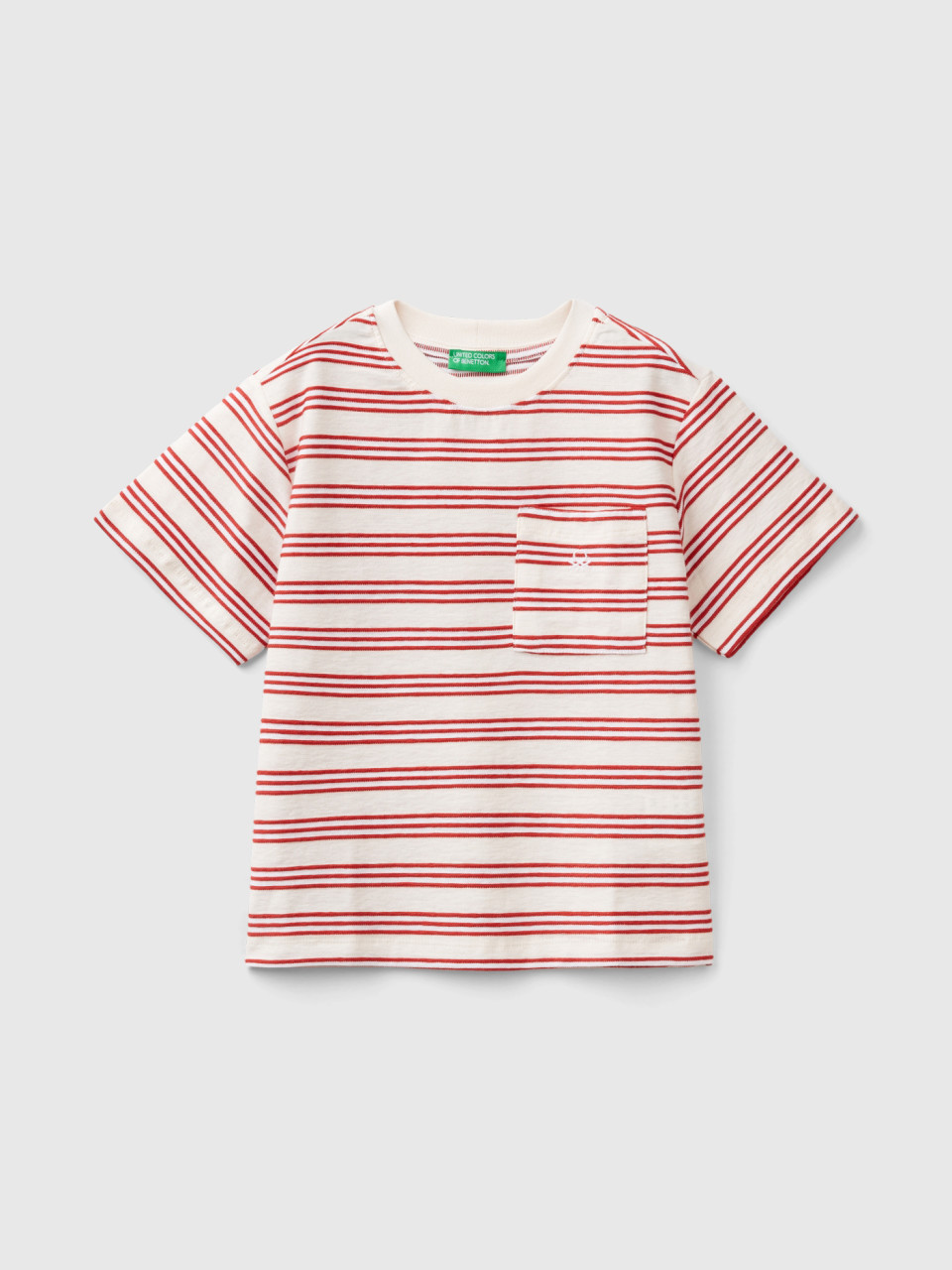 Benetton, Striped T-shirt With Pocket, Red, Kids