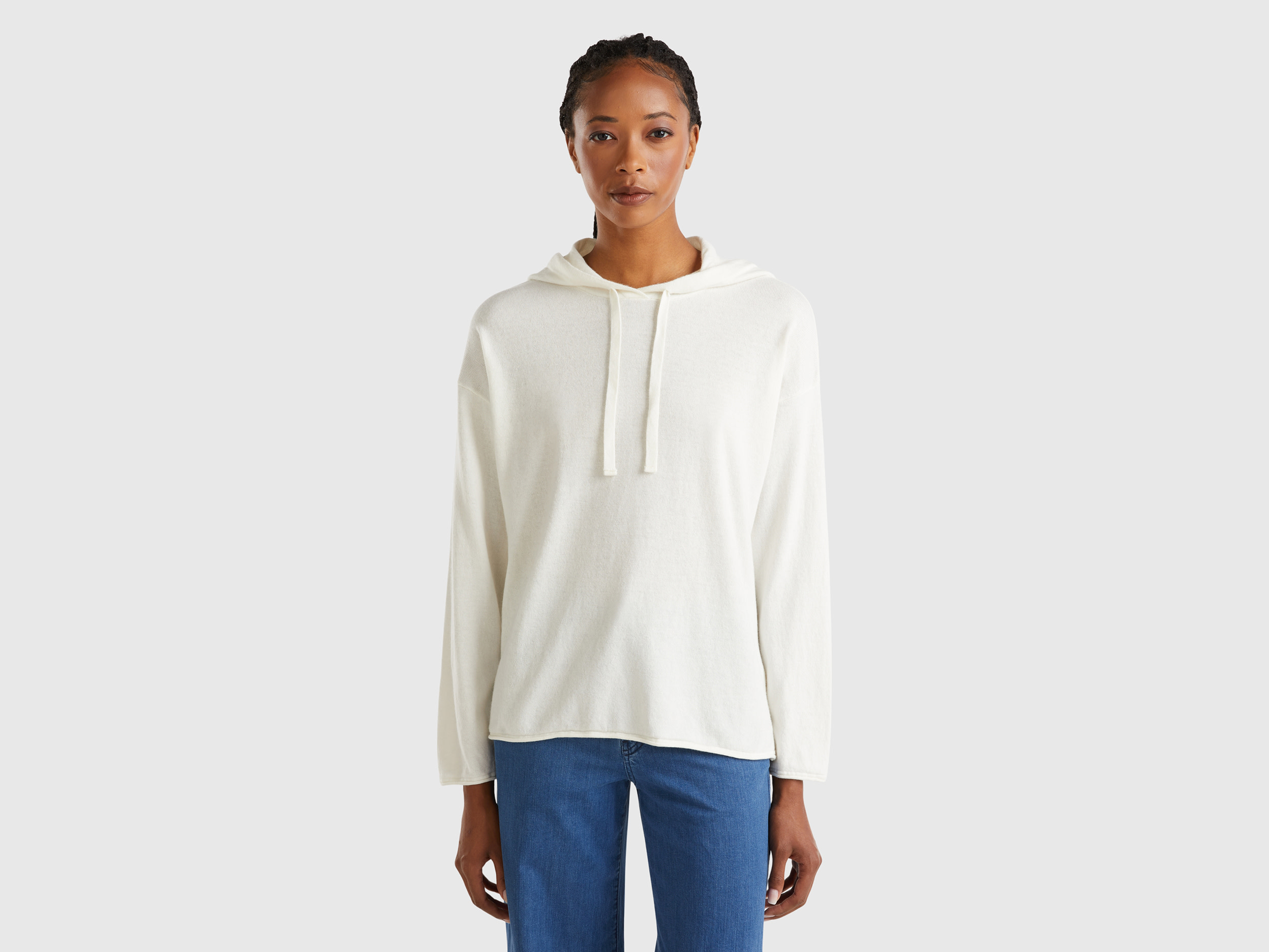 Benetton, Maglia Bianco Panna Misto Cashmere Con Cappuccio, Bianco Panna, Donna