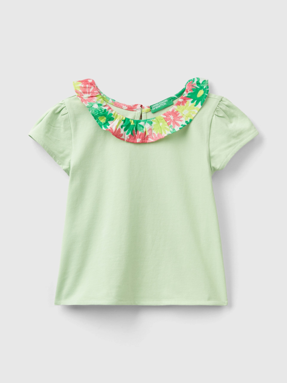 Benetton, T-shirt With Floral Collar, Light Green, Kids