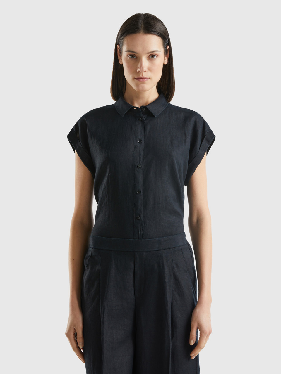 Benetton, Boxy Fit Shirt In Pure Linen, Black, Women