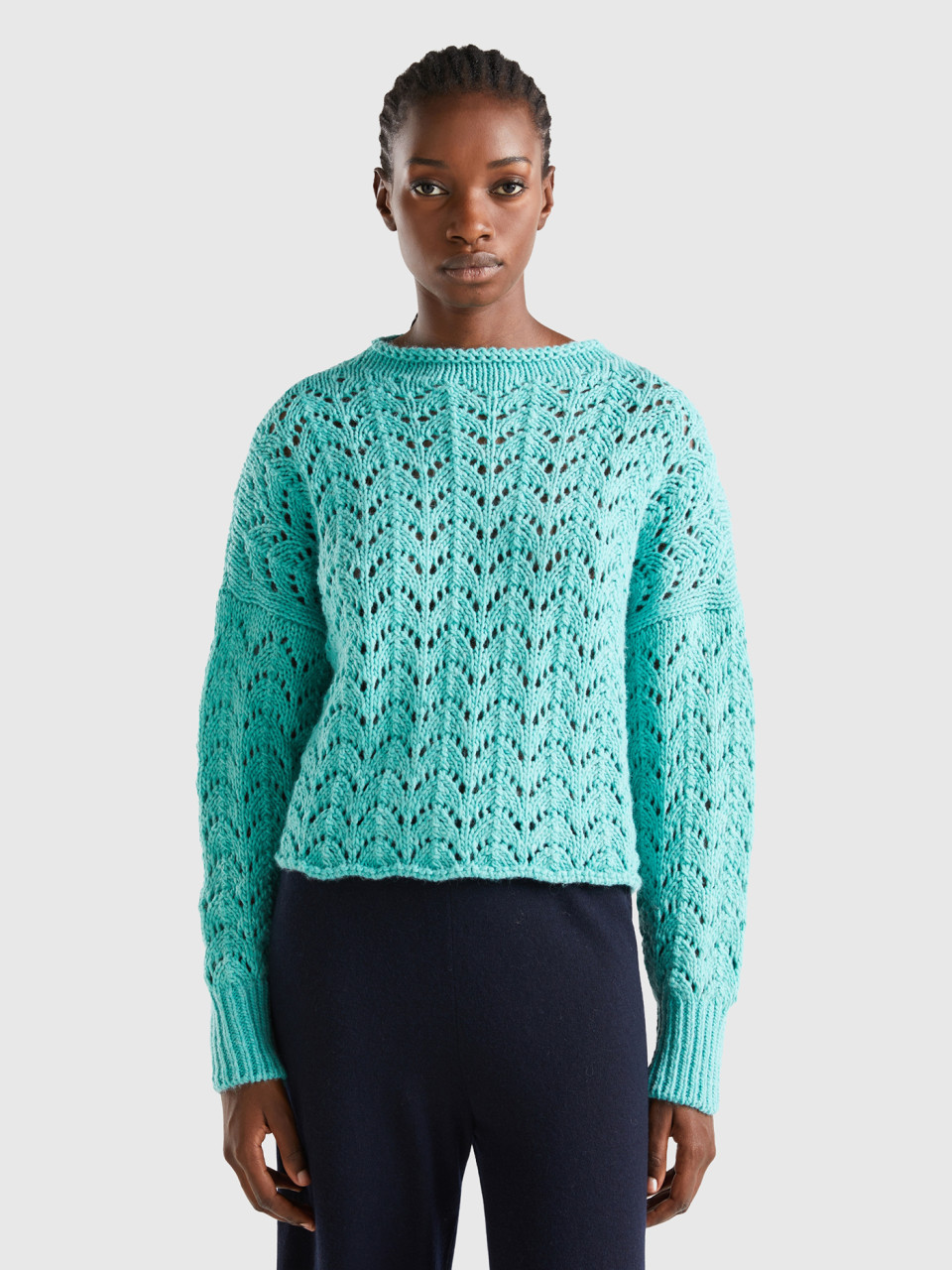 Benetton, Crochet Effect Sweater, Aqua, Women