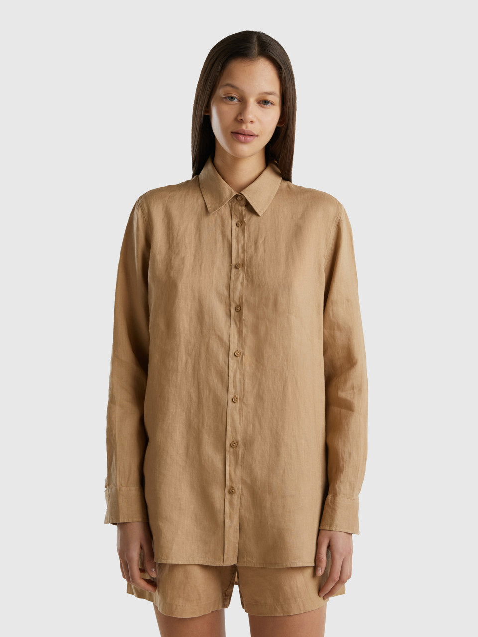 Benetton, Long Shirt In Pure Linen, Camel, Women
