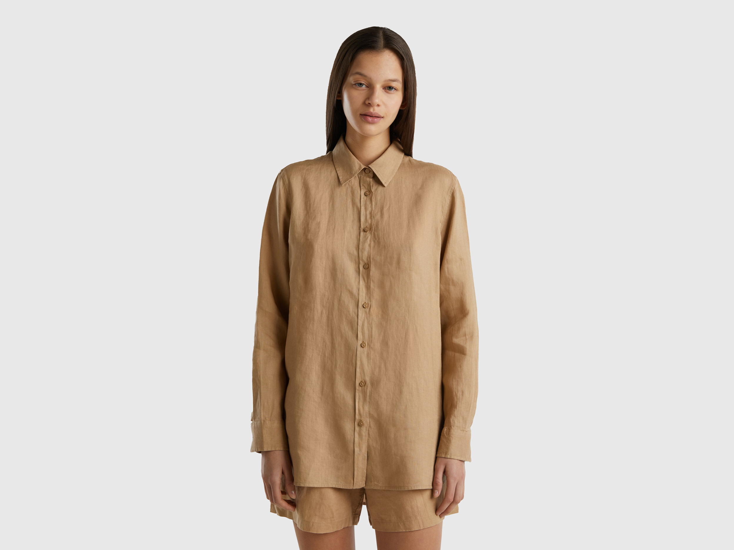 Benetton, Long Shirt In Pure Linen, size XL, Camel, Women