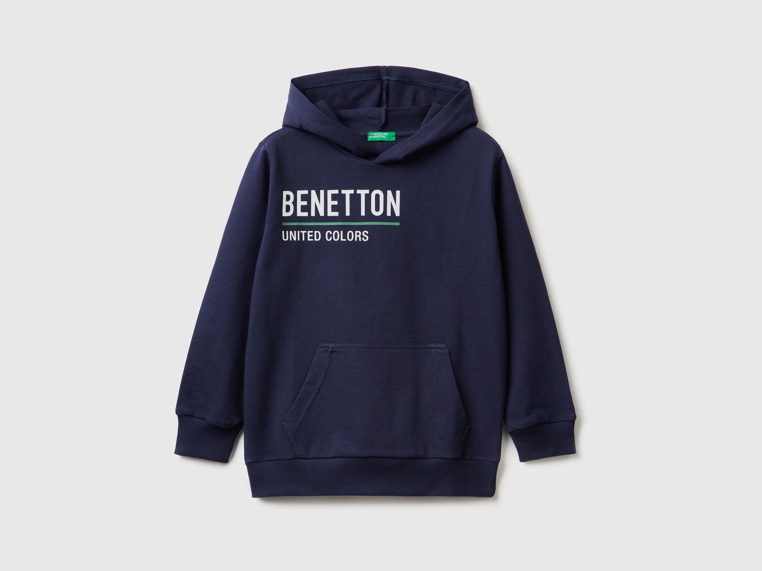 Benetton, Felpa 100% Cotone Con Cappuccio, Blu Scuro, Bambini
