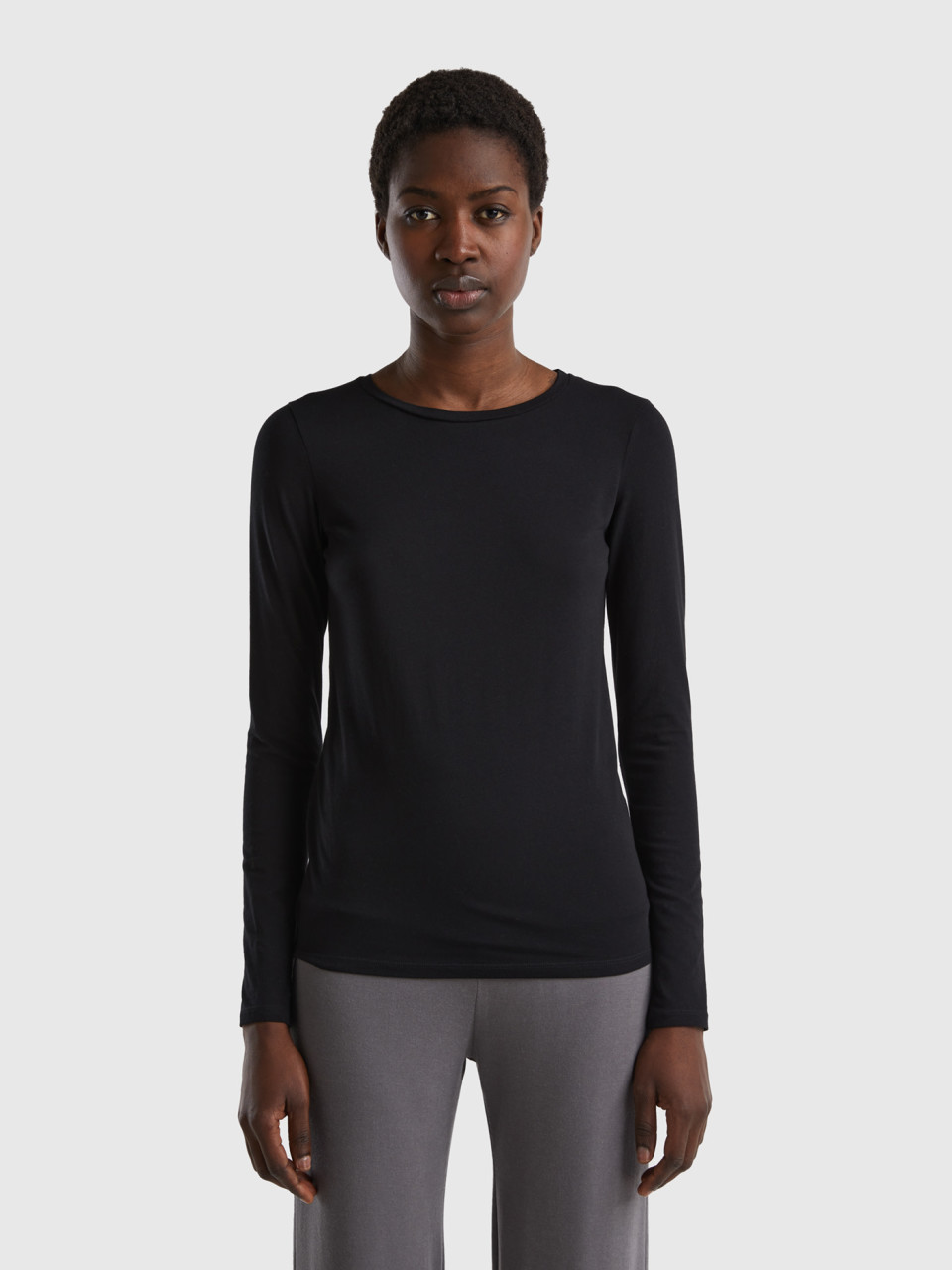 Benetton, Long Sleeve Super Stretch T-shirt, Black, Women