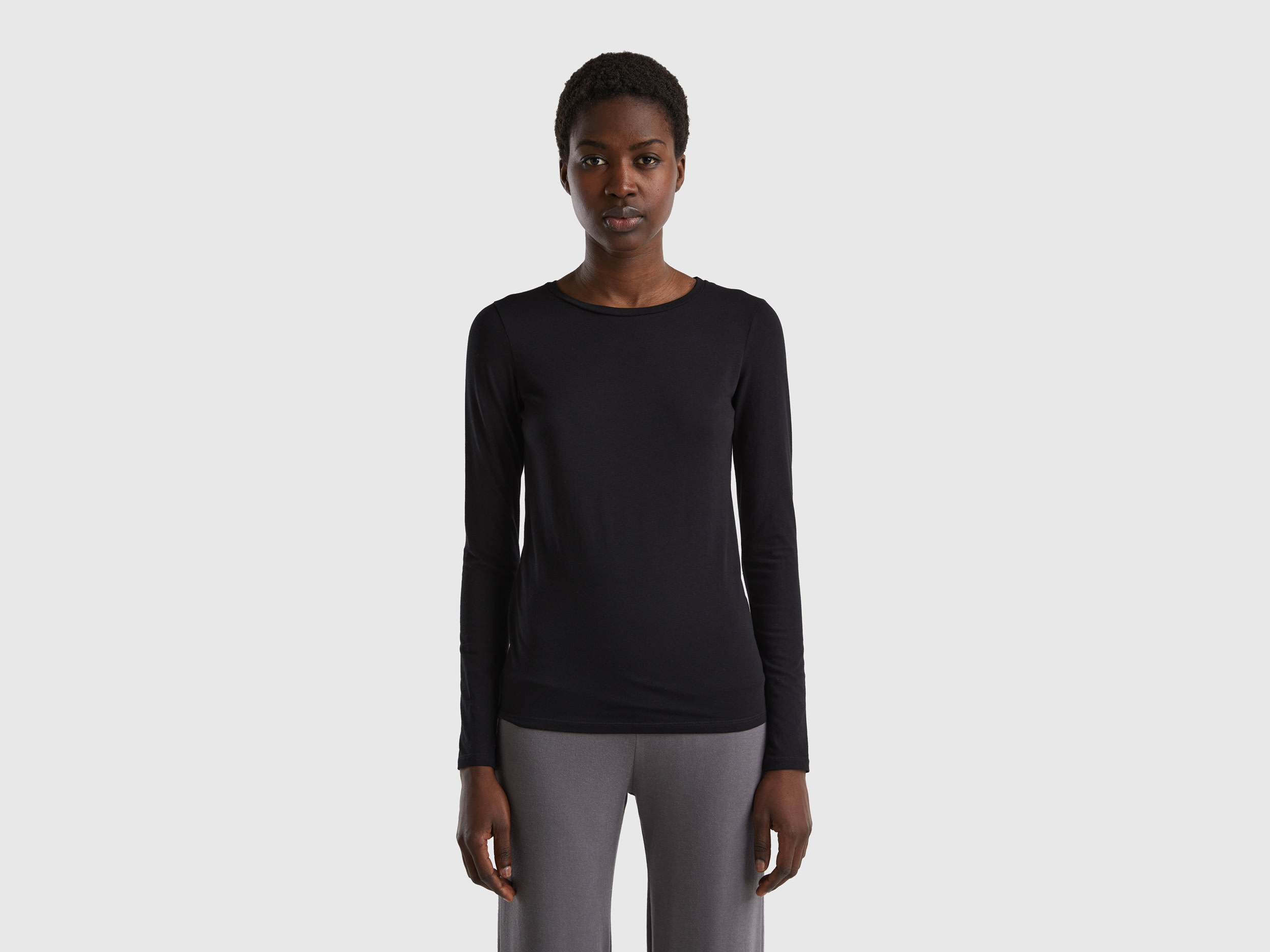 Image of Benetton, Long Sleeve Super Stretch T-shirt, size L, Black, Women
