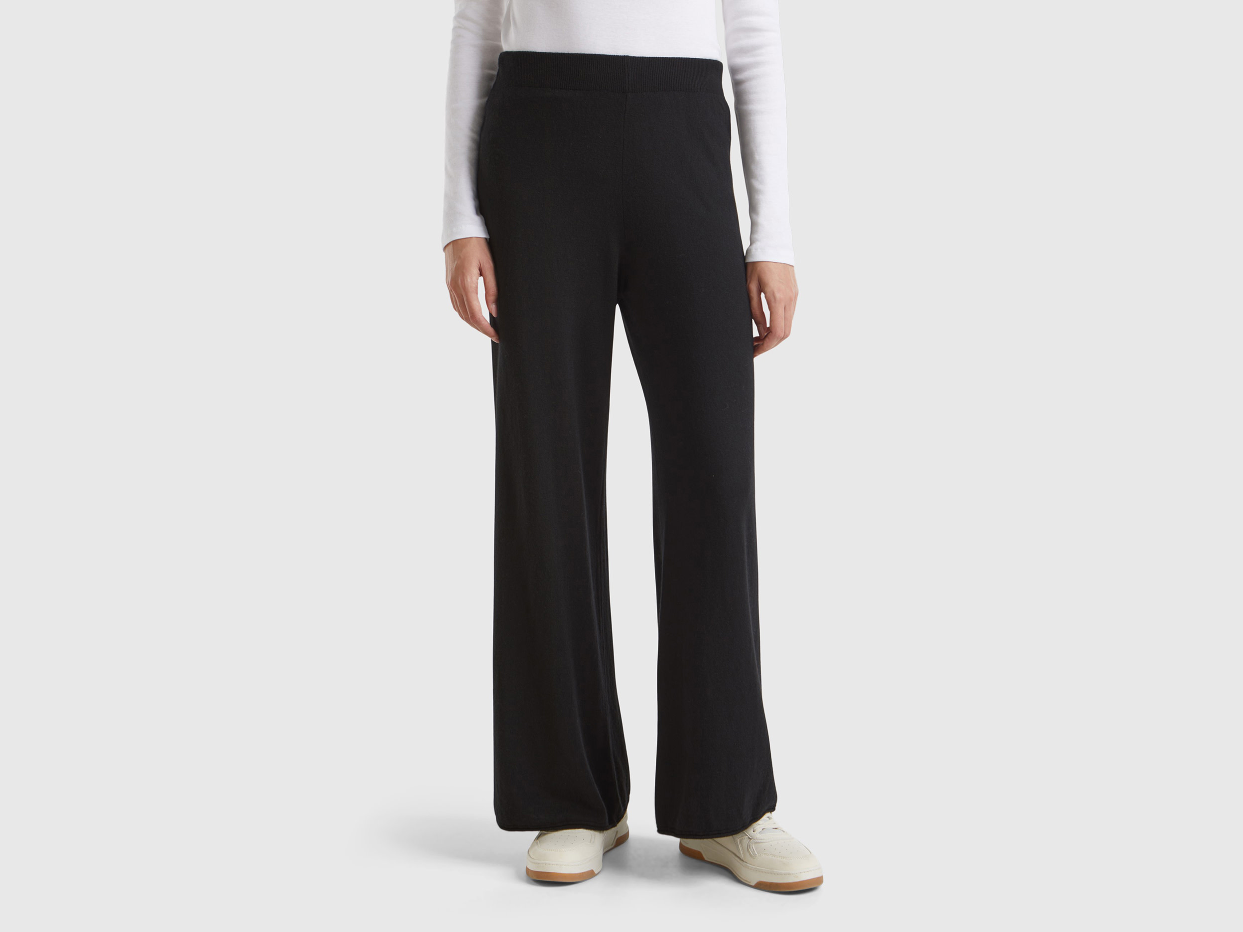 Benetton, Pantaloni Ampi Neri In Misto Lana E Cashmere, Nero, Donna