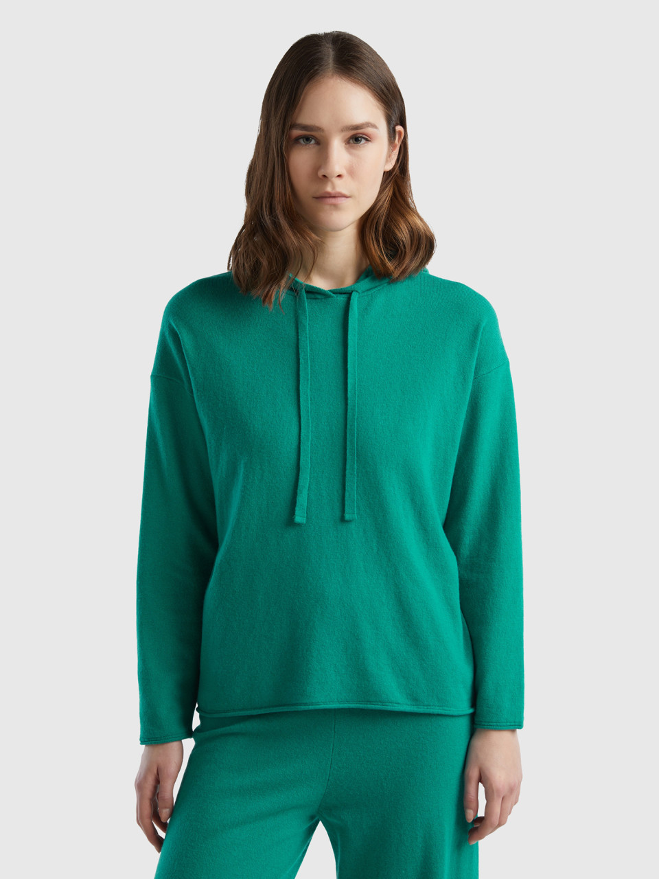 Benetton, Aqua Green Cashmere Blend Sweater With Hood, Green, Women